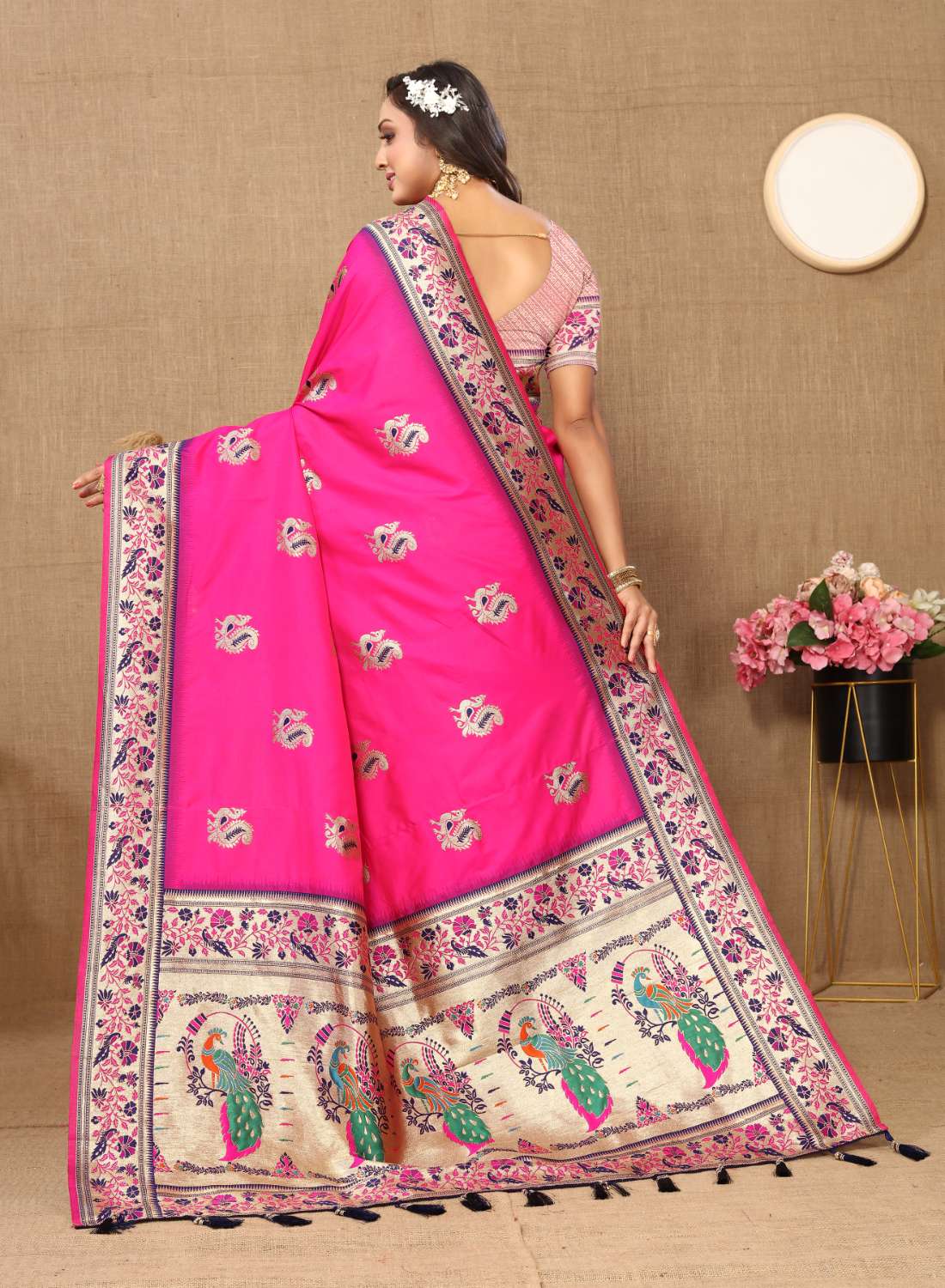 Pink Color Zari Woven Soft Paithani Silk Sarees With Rich Weaving Pallu with tassels.