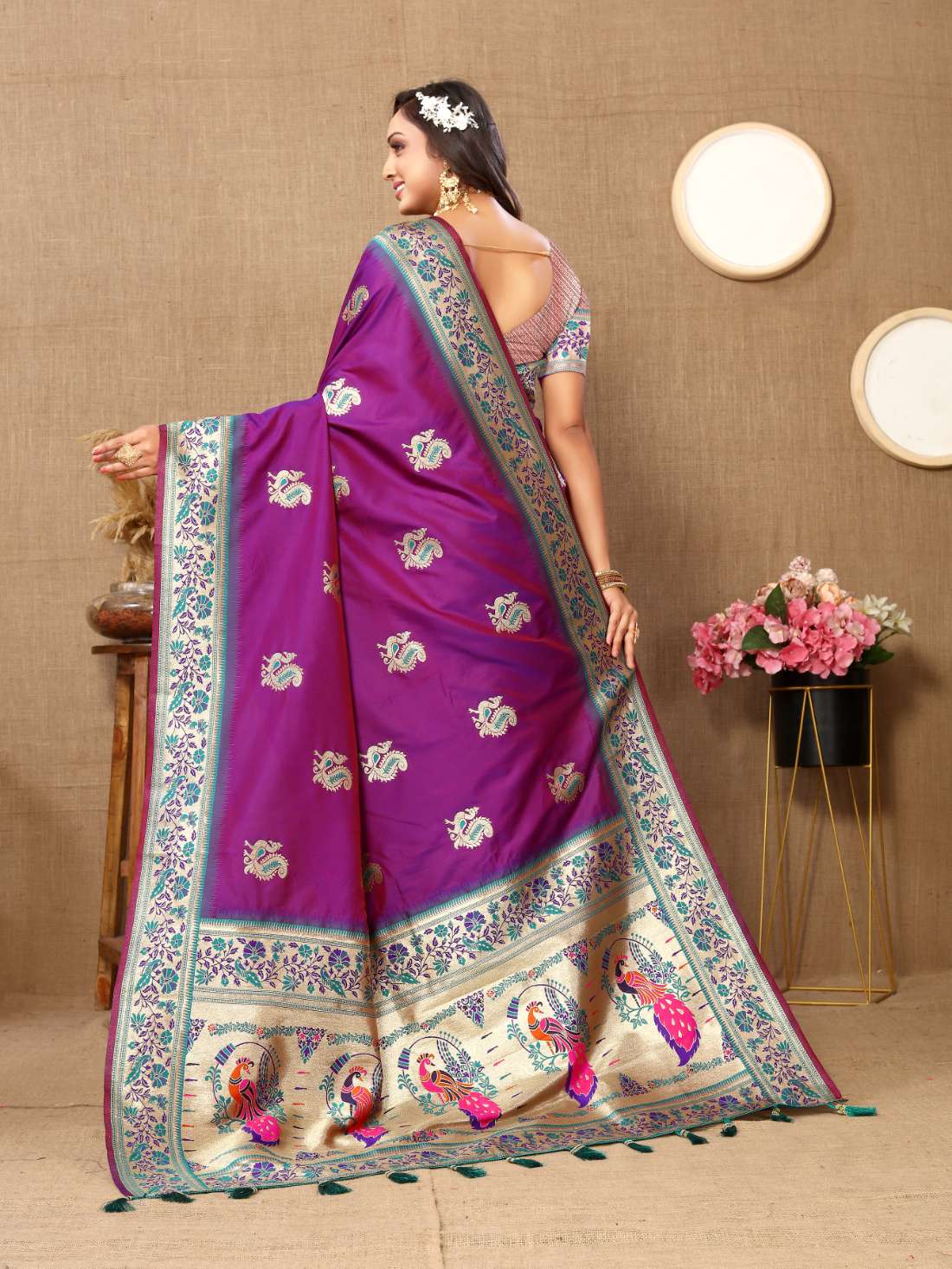 Purple Color Zari Woven Soft Paithani Silk Sarees With Rich Weaving Pallu with tassels.