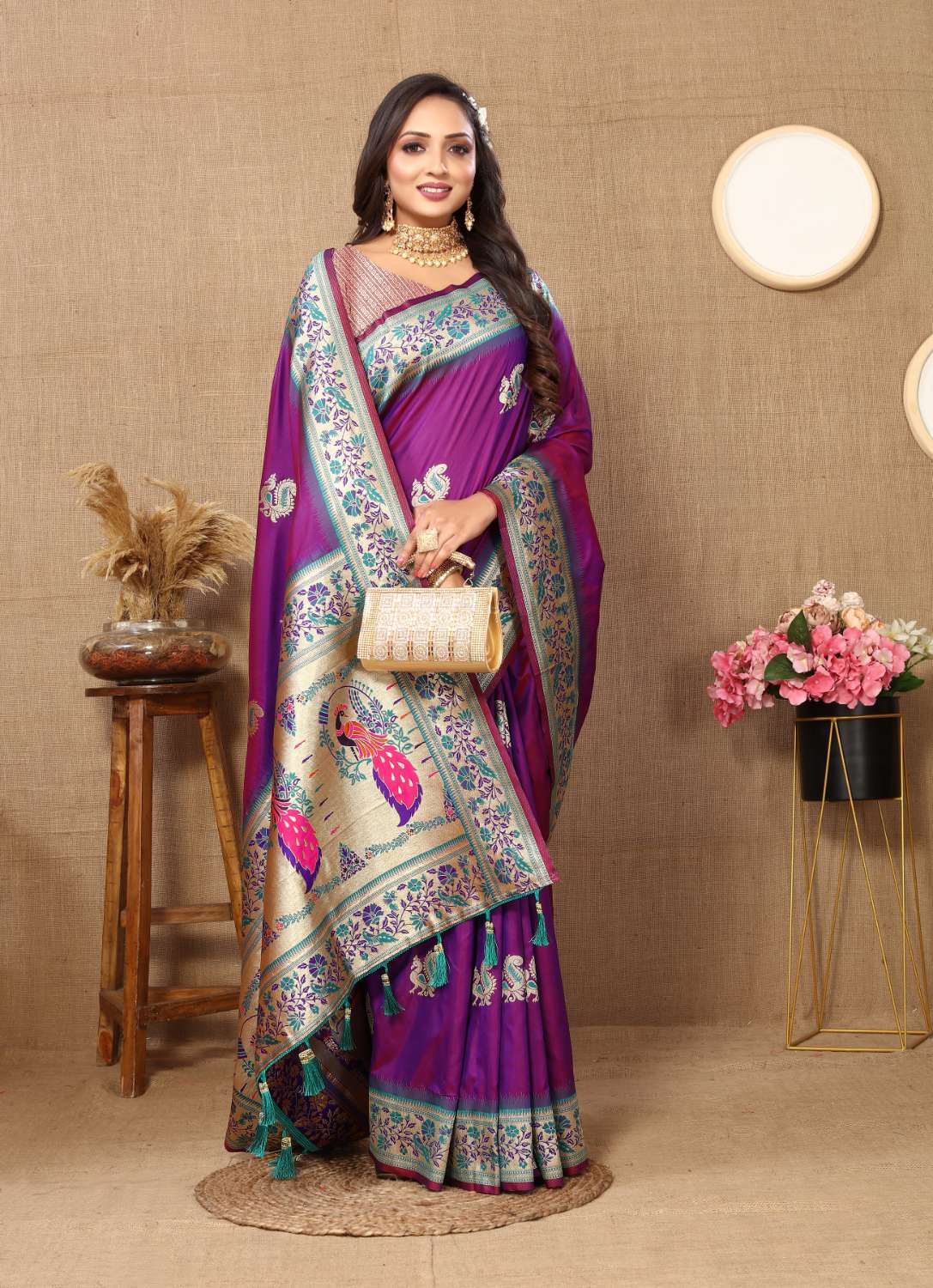 Purple Color Zari Woven Soft Paithani Silk Sarees With Rich Weaving Pallu with tassels.
