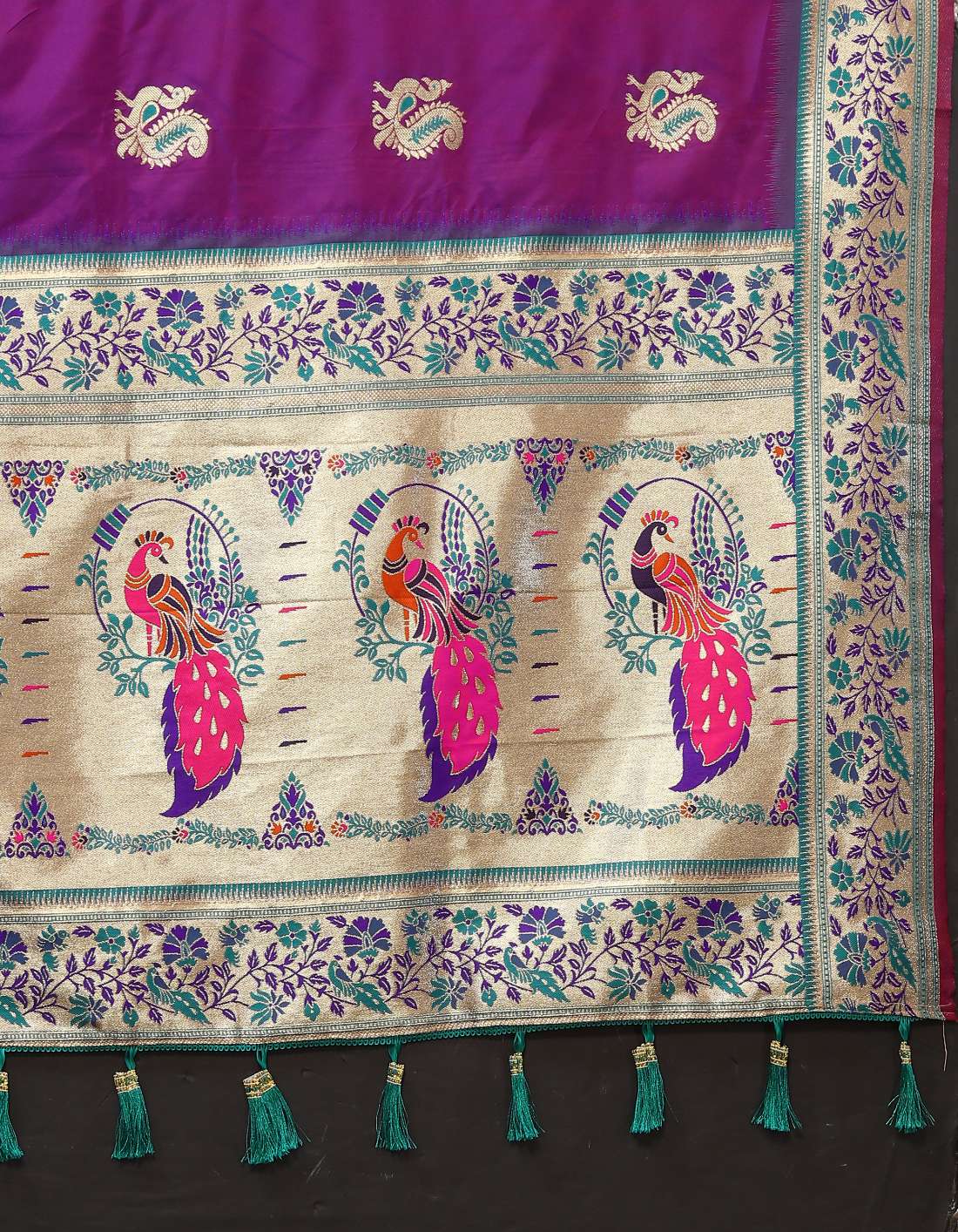 Purple Color Zari Woven Soft Paithani Silk Sarees With Rich Weaving Pallu with tassels.