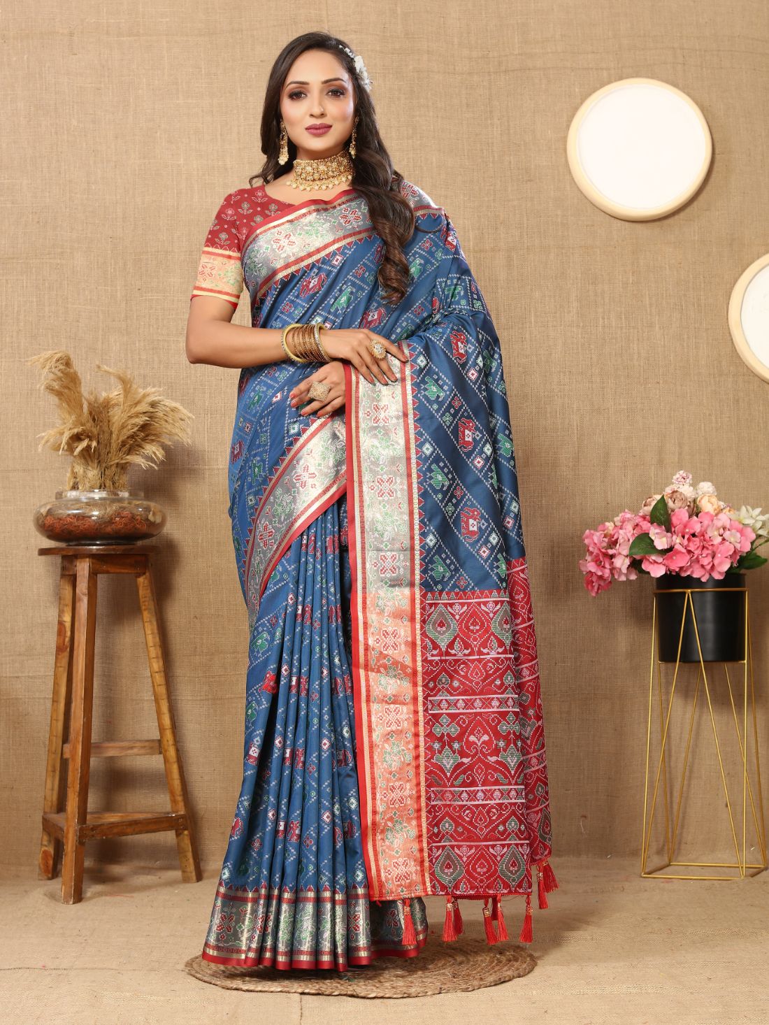 Blue & Maroon Color Women's Soft Patola Silk meenakari weawing motifs with Rich Zari Pallu and contrast border with Tessels.