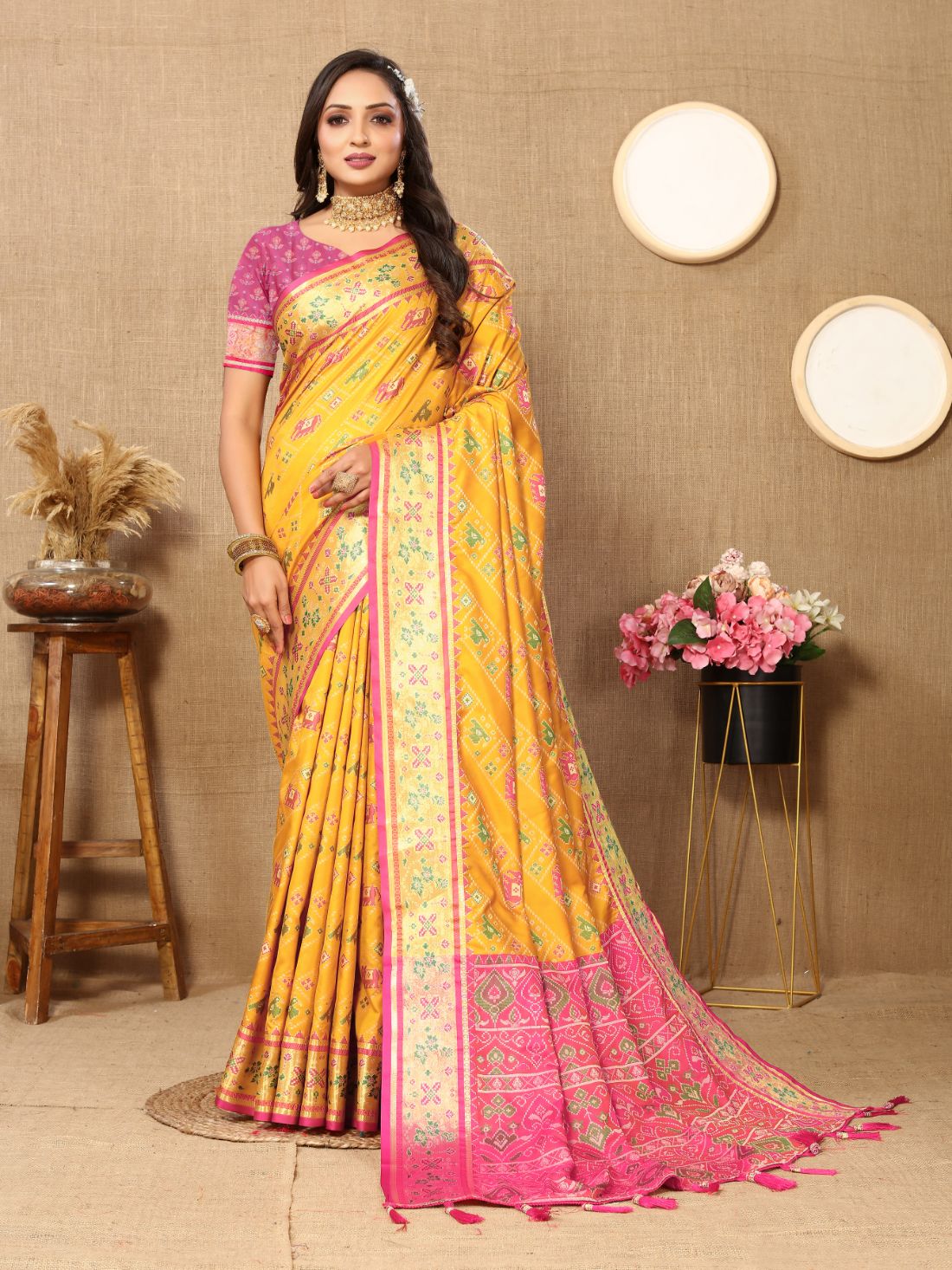 Mustered & Purple Color Women's Soft Patola Silk meenakari weawing motifs with Rich Zari Pallu and contrast border with Tessels.