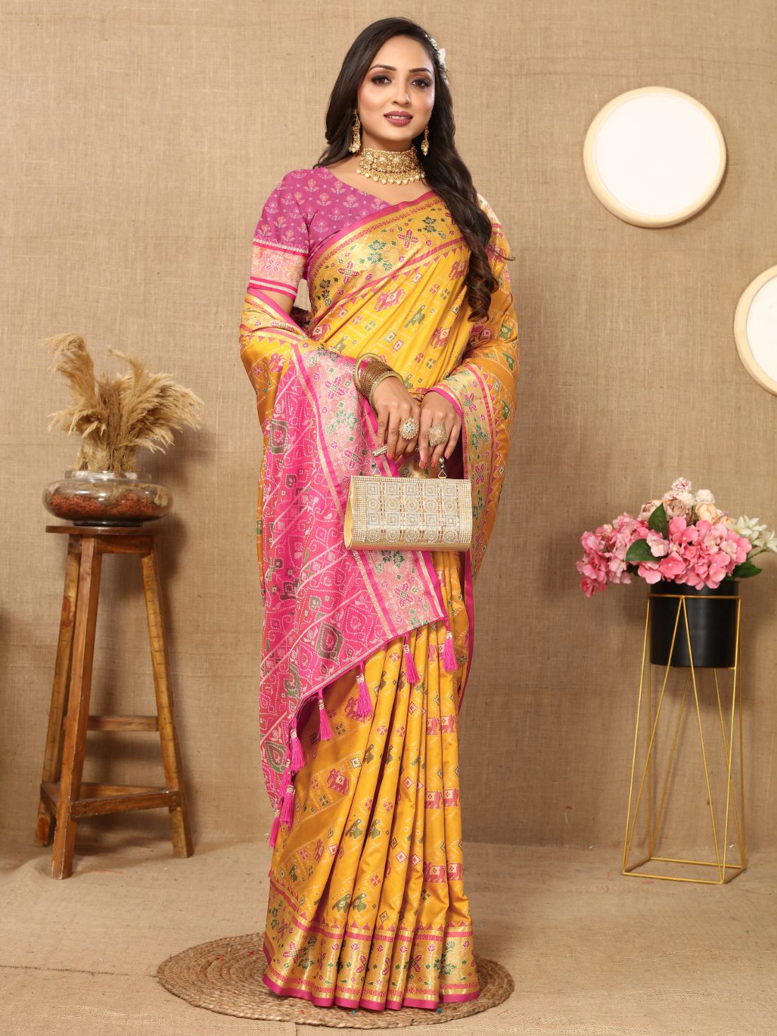 Mustered & Purple Color Women's Soft Patola Silk meenakari weawing motifs with Rich Zari Pallu and contrast border with Tessels.
