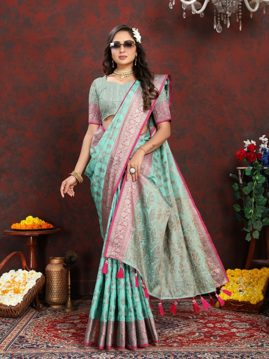 Light Blue Color Soft katan silk saree with copper zari weawing design and Rich Zari weawing Pallu with Unstiched Blouse piece.