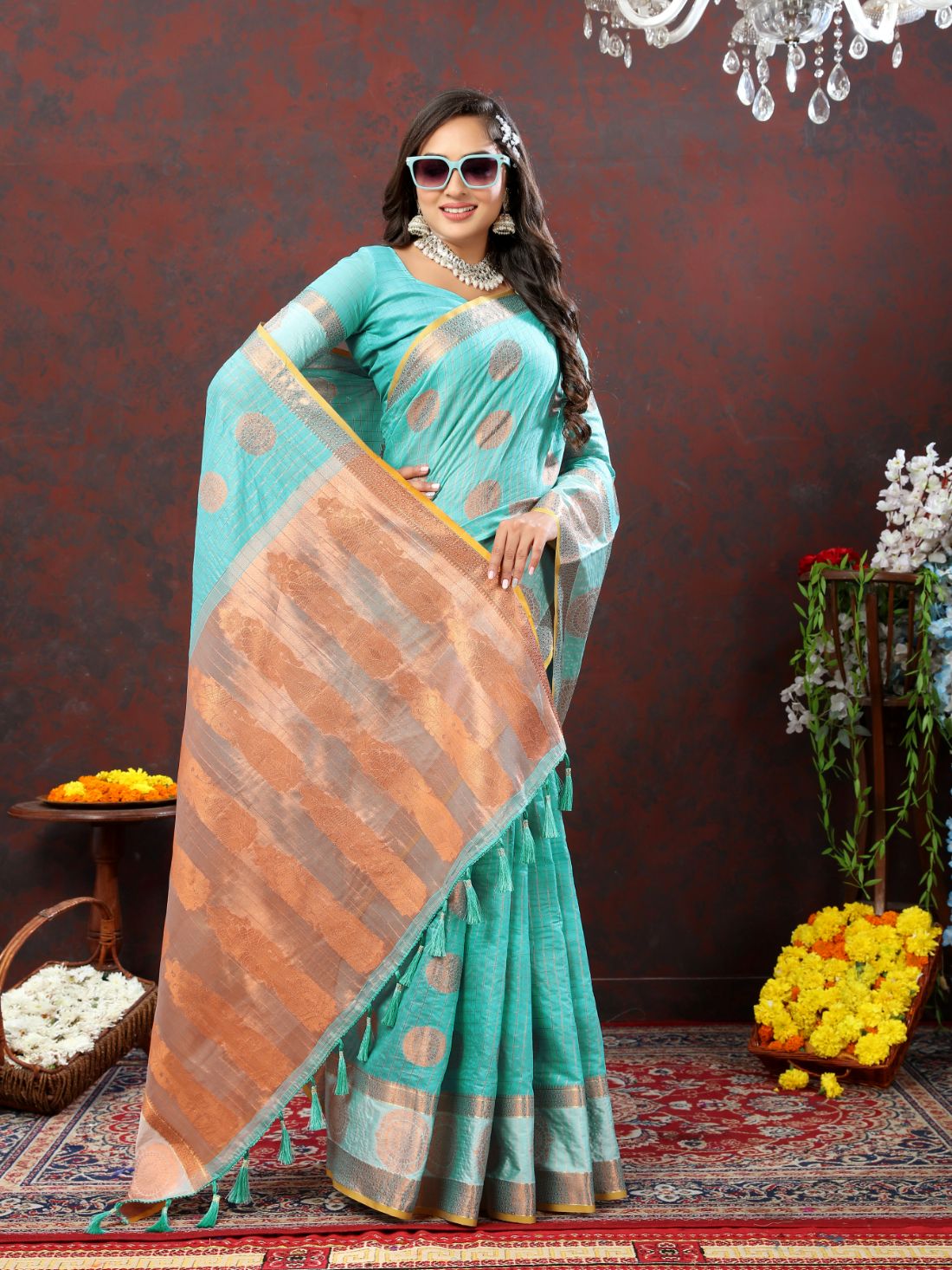 Light Blue Soft Cotton Silk Saree With Zari Weawing Design And Rich Zari Weawing Pallu With Contrast Border & Tessels Attach In Pallu With Unstiched Blouse Pieces.