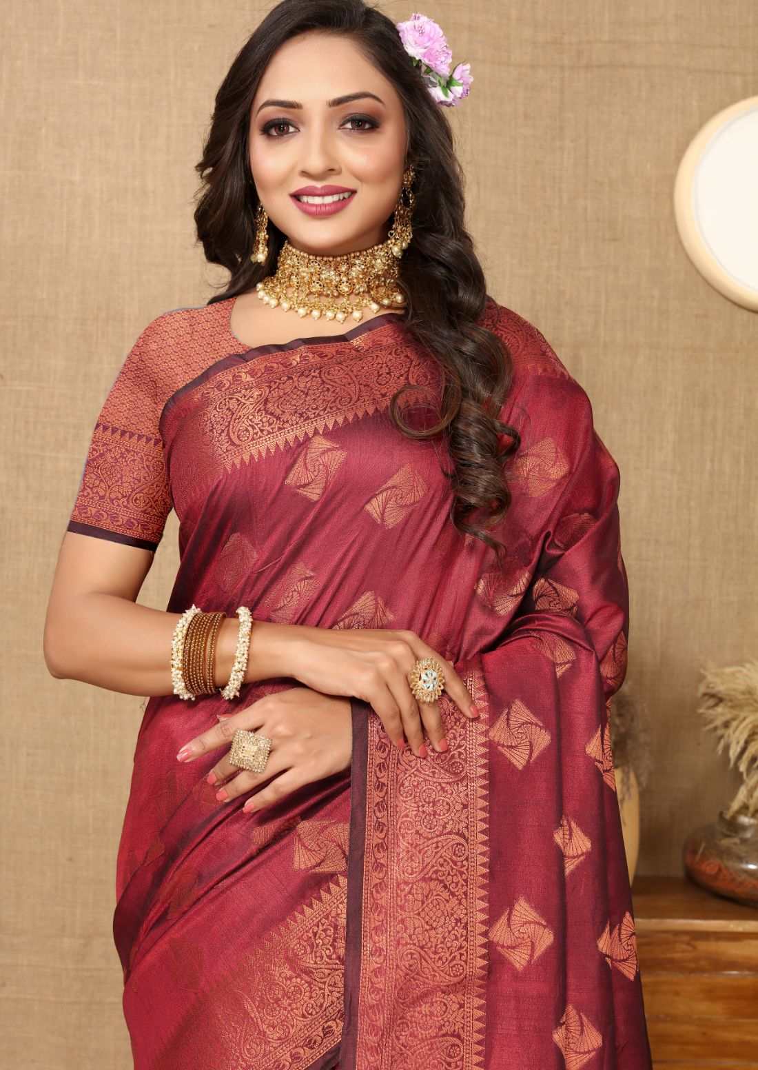 Maroon Color Soft Katan Silk saree with copper zari weawing design and Rich Zari weawing Pallu with Unstiched Blouse piece