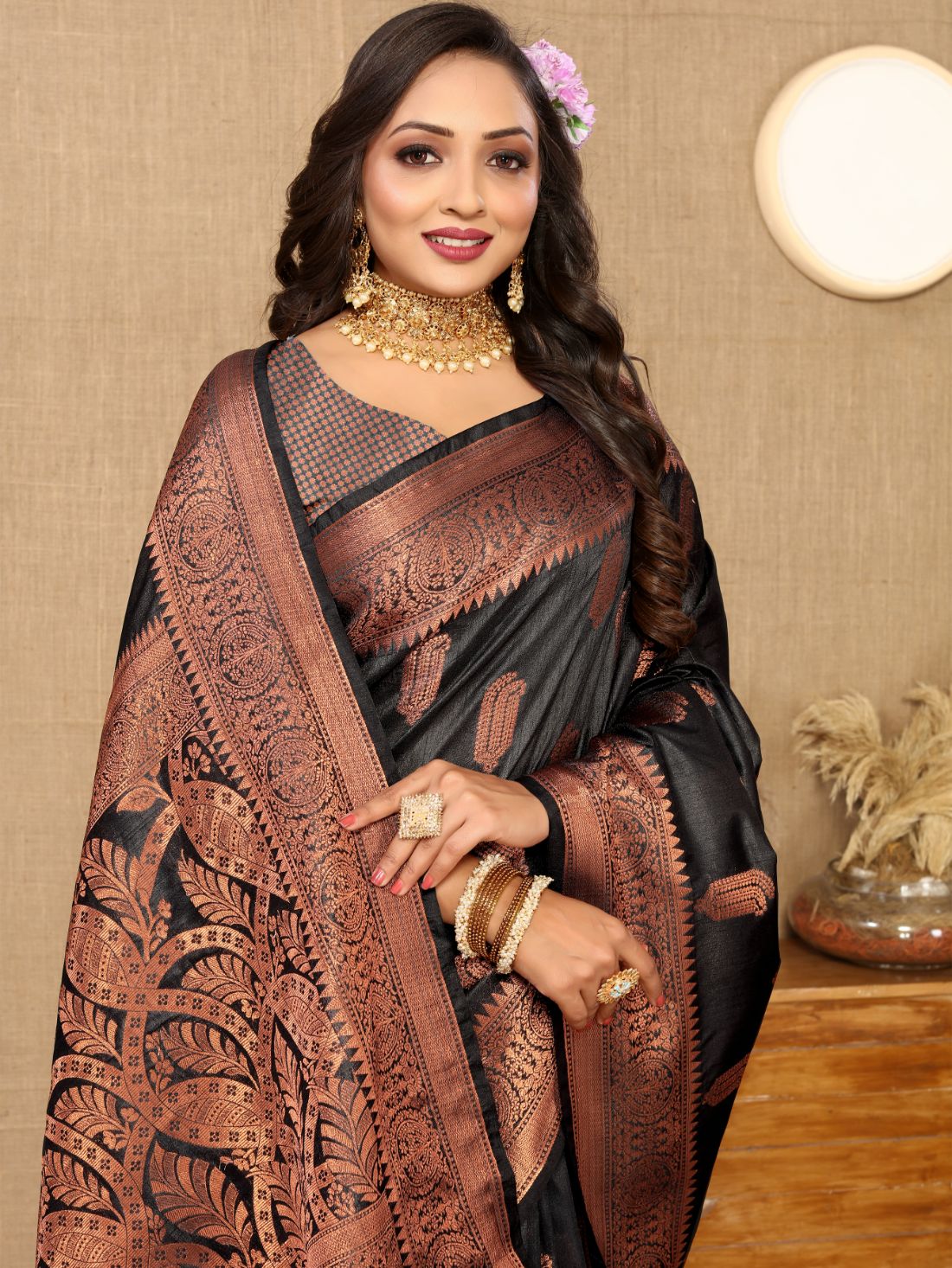 Black Color Soft katan silk saree with copper zari weawing design and Rich Zari weawing Pallu with Unstiched Blouse piece.