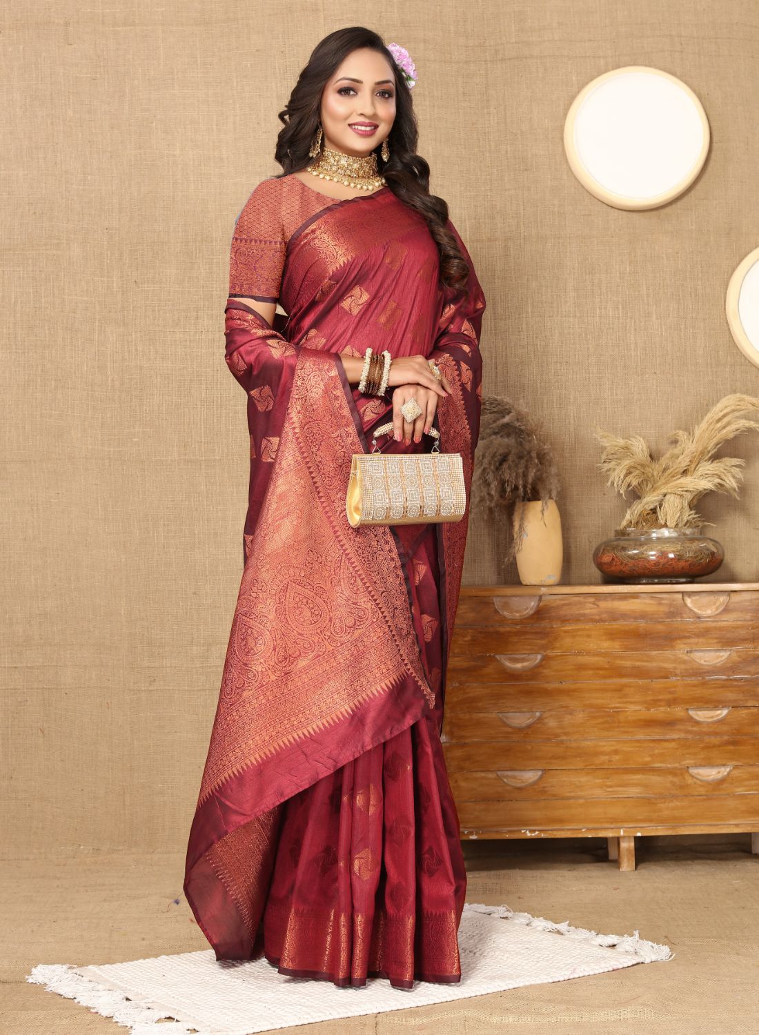 Maroon Color Soft Katan Silk saree with copper zari weawing design and Rich Zari weawing Pallu with Unstiched Blouse piece