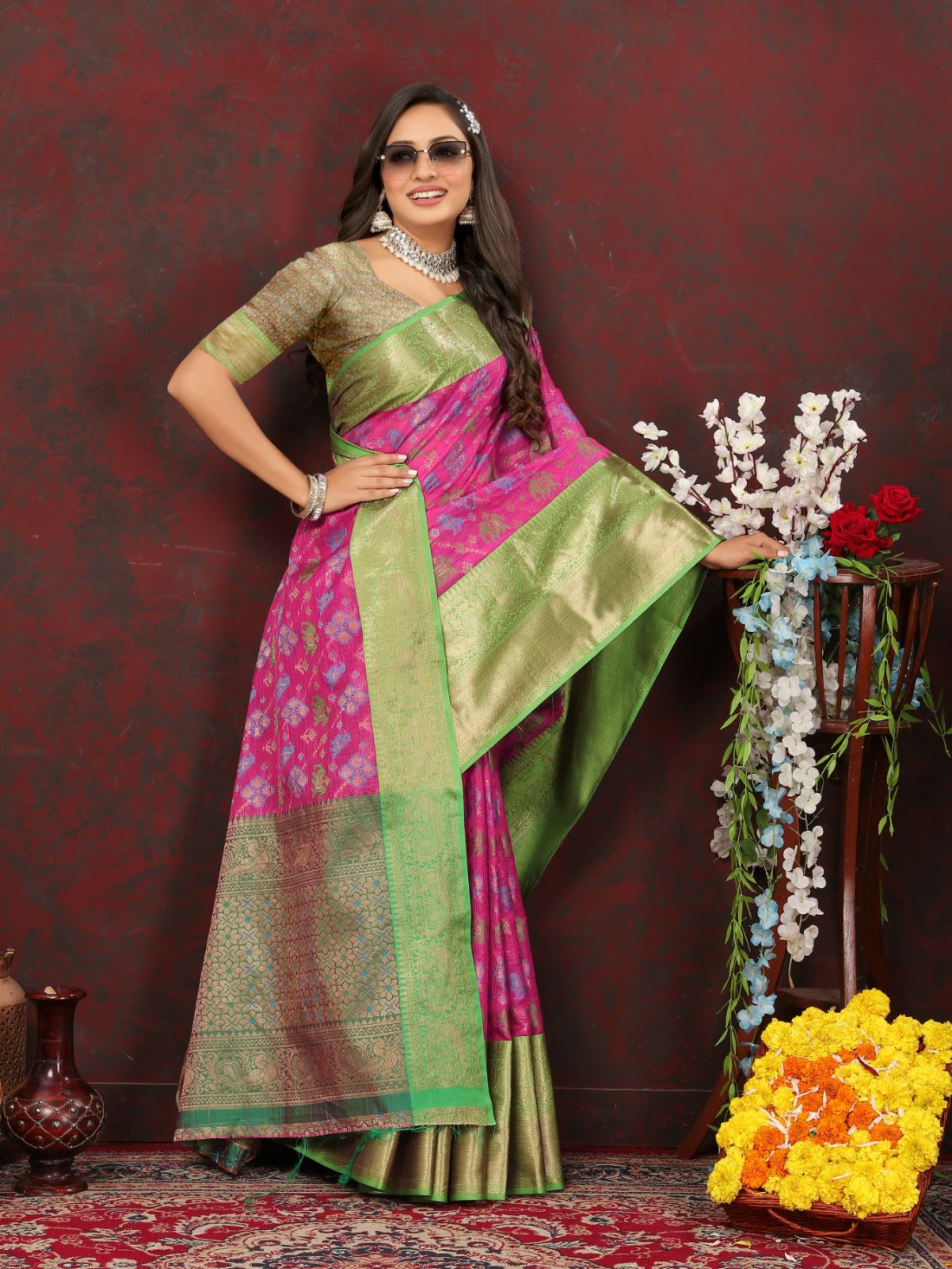 Pink Color Soft Cotton Silk Saree With Meenakari Weawing Design And Rich Zari Weawing Pallu And Contras Border With Unstiched Blouse Piease.