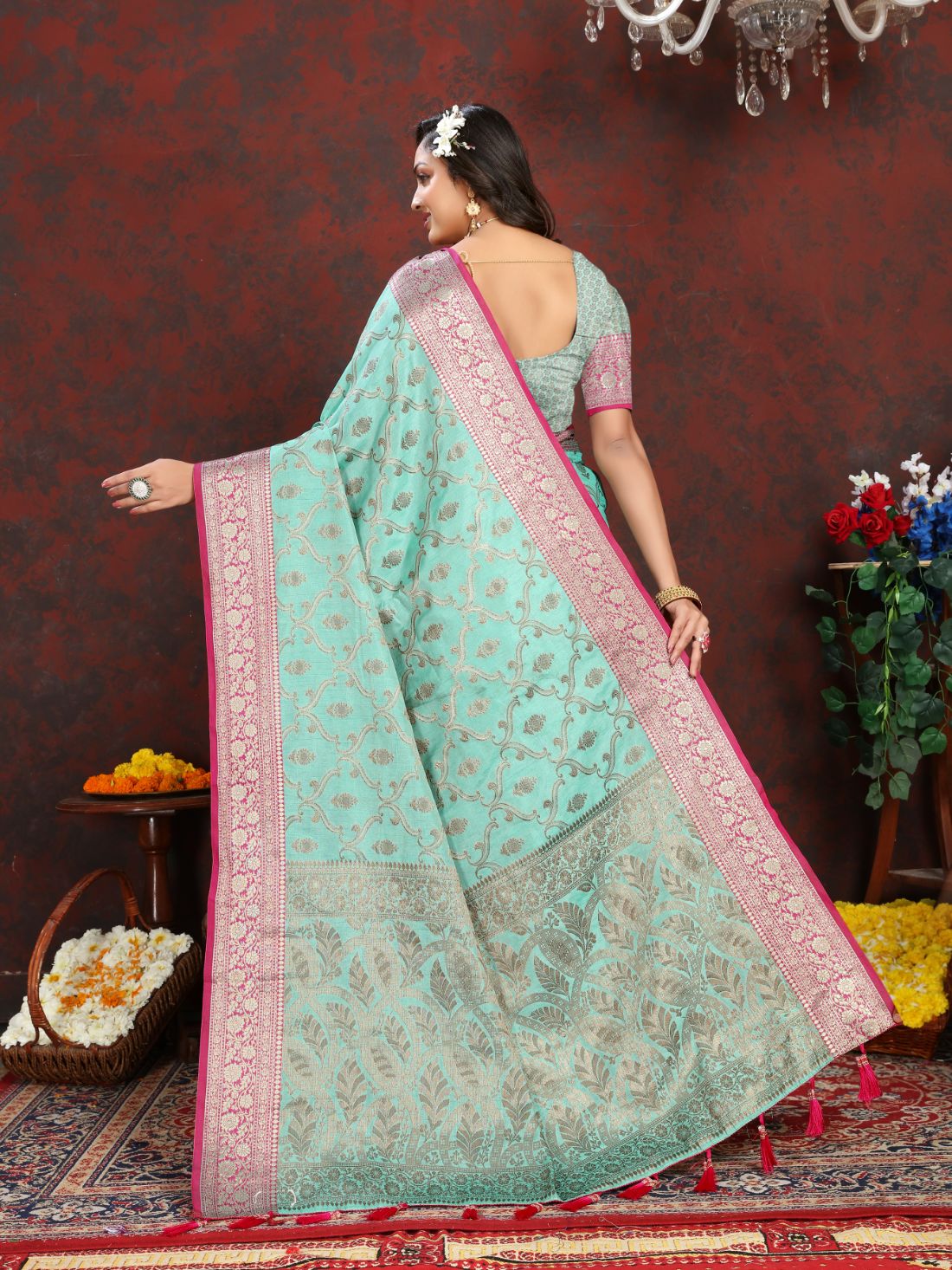 Light Blue Color Soft katan silk saree with copper zari weawing design and Rich Zari weawing Pallu with Unstiched Blouse piece.
