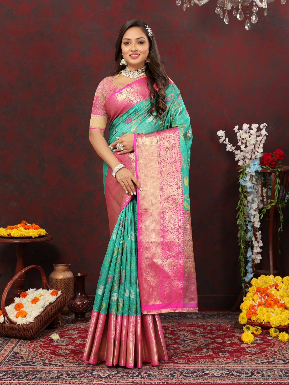 Aqua Blue Color Soft Cotton Silk Saree With Meenakari Weawing Design And Rich Zari Weawing Pallu And Contras Border With Unstiched Blouse Piease
