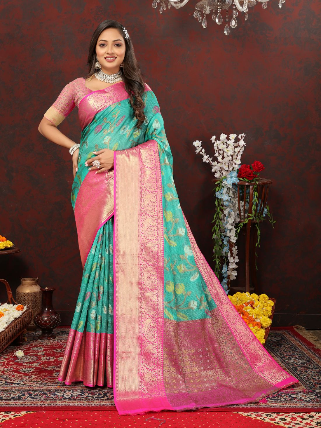 Aqua Blue Color Soft Cotton Silk Saree With Meenakari Weawing Design And Rich Zari Weawing Pallu And Contras Border With Unstiched Blouse Piease