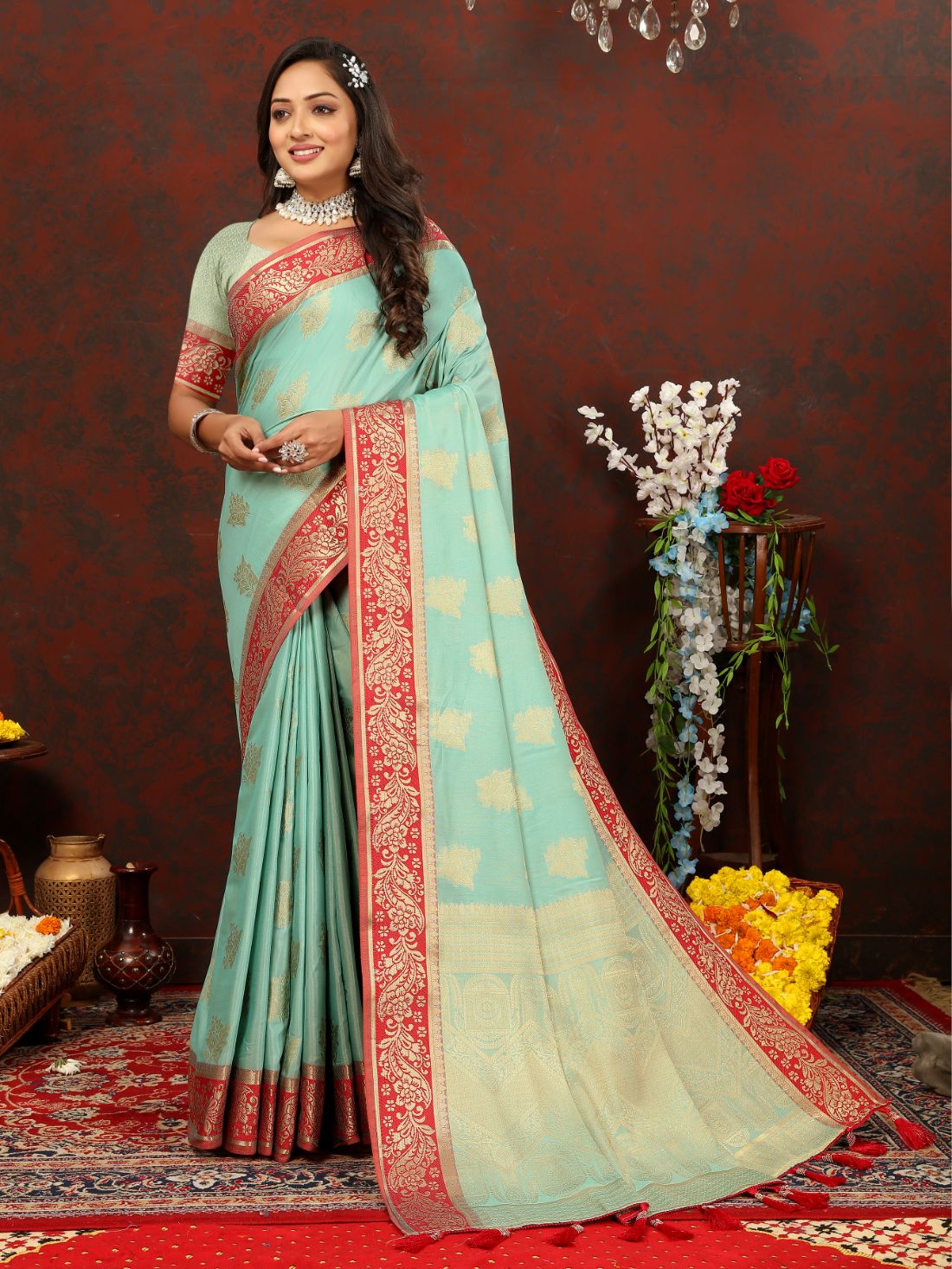 Light Blue Soft Cotton Silk Saree with Zari Weawing Design and Rich Zari Weawing Pallu with Contrast Border & Tessels attach in Pallu with Unstiched Blouse Pieces.