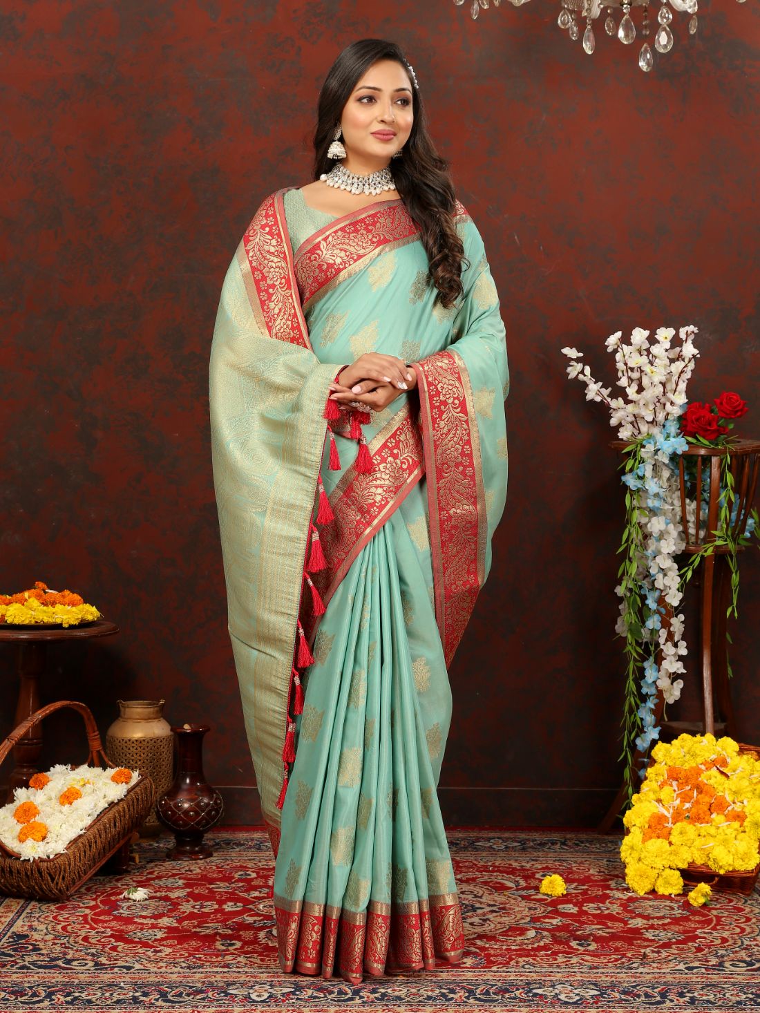 Light Blue Soft Cotton Silk Saree with Zari Weawing Design and Rich Zari Weawing Pallu with Contrast Border & Tessels attach in Pallu with Unstiched Blouse Pieces.