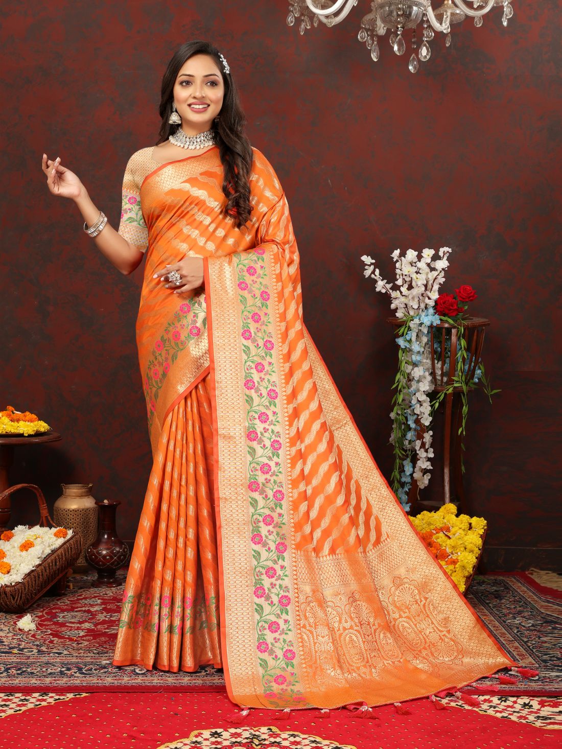 Orange Color Exclusive Soft Silk Zari Woven Work With Rich Pallu and Contrast Border With Tessels Women's Saree with Unstiched Blouse Pieces.