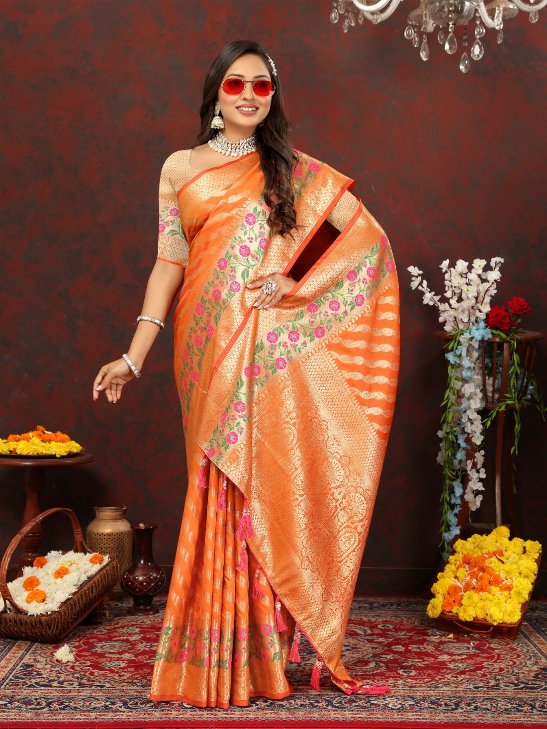 Orange Color Exclusive Soft Silk Zari Woven Work With Rich Pallu and Contrast Border With Tessels Women's Saree with Unstiched Blouse Pieces.