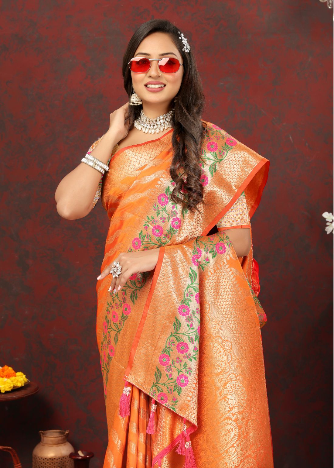 Orange Color Exclusive Soft Silk Zari Woven Work With Rich Pallu and Contrast Border With Tessels Women's Saree with Unstiched Blouse Pieces.