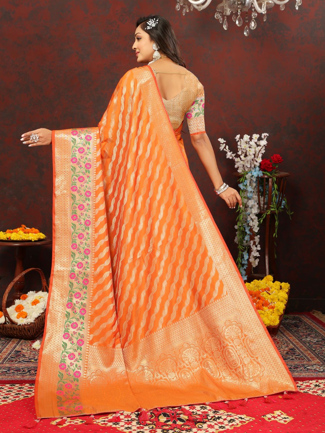 Orange Color Exclusive Soft Silk Zari Woven Work With Rich Pallu and Contrast Border With Tessels Women's Saree with Unstiched Blouse Pieces.