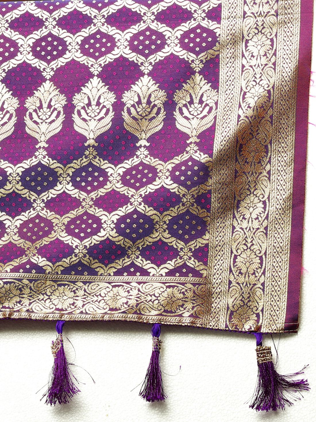 Mustered & Purple Color Women's Soft Bandhani Printed Patola Silk meenakari weawing motifs with Rich Zari Pallu and contrast border with Tessels.
