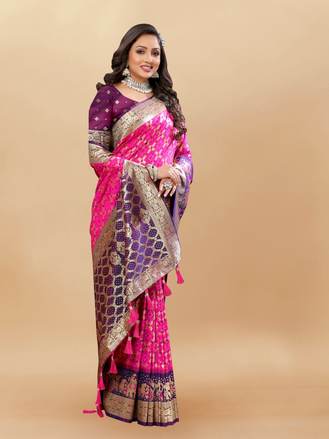 Pink & Purple Color Women's Soft Bandhani Printed Patola Silk meenakari weawing motifs with Rich Zari Pallu and contrast border with Tessels.