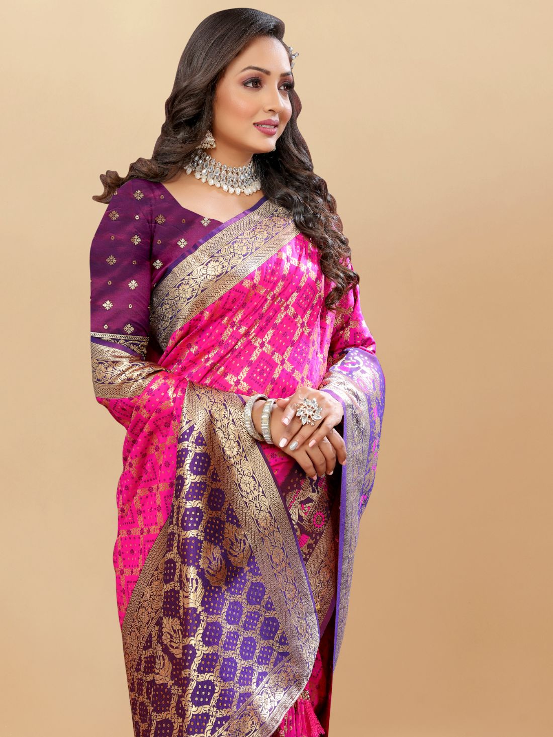 Pink & Purple Color Women's Soft Bandhani Printed Patola Silk meenakari weawing motifs with Rich Zari Pallu and contrast border with Tessels.