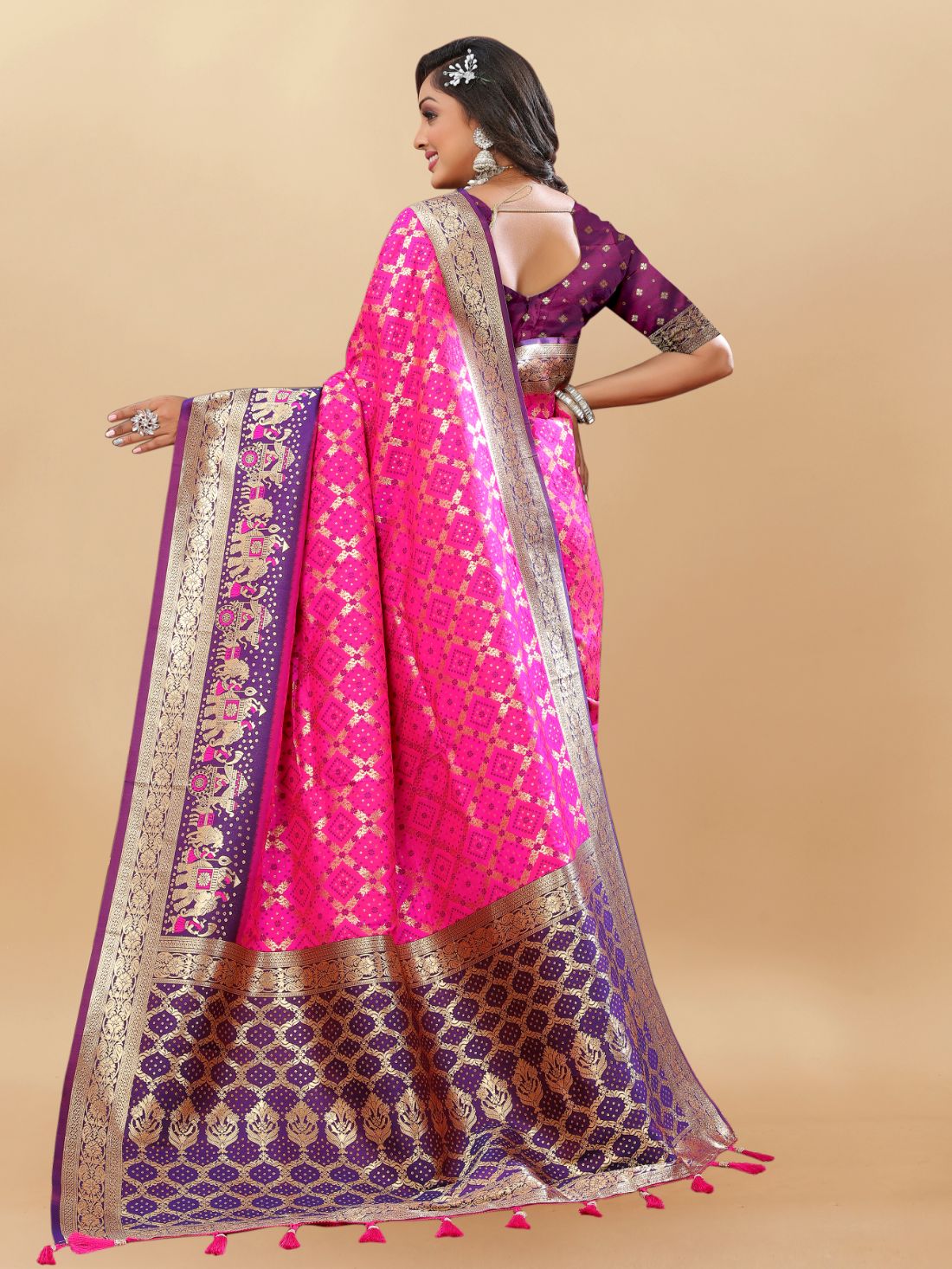 Pink & Purple Color Women's Soft Bandhani Printed Patola Silk meenakari weawing motifs with Rich Zari Pallu and contrast border with Tessels.