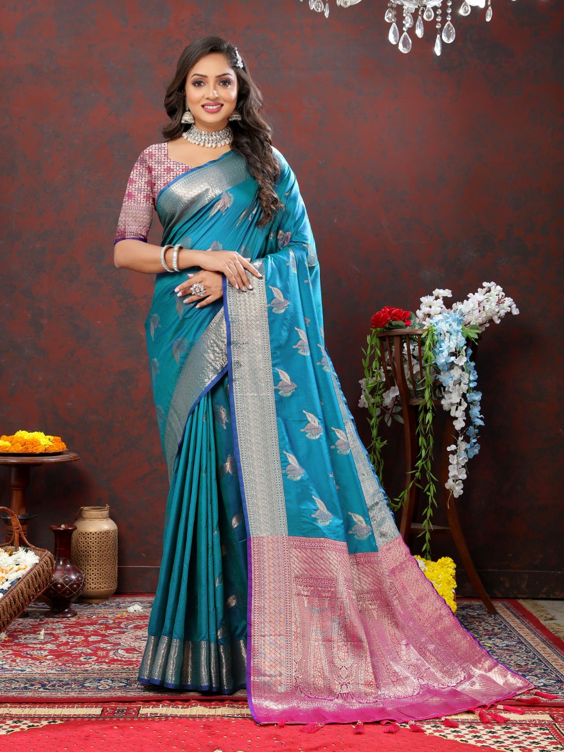 Light Blue Color Exclusive Soft Silk Zari Woven Work With Rich Pallu and Contrast Border With Tessels Women's Saree with Unstiched Blouse Pieces.