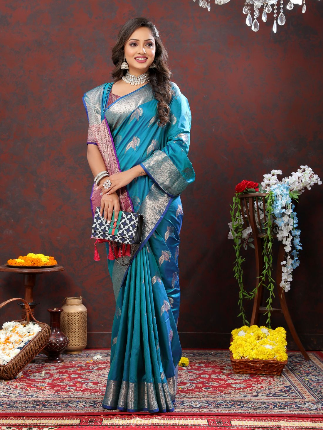 Light Blue Color Exclusive Soft Silk Zari Woven Work With Rich Pallu and Contrast Border With Tessels Women's Saree with Unstiched Blouse Pieces.