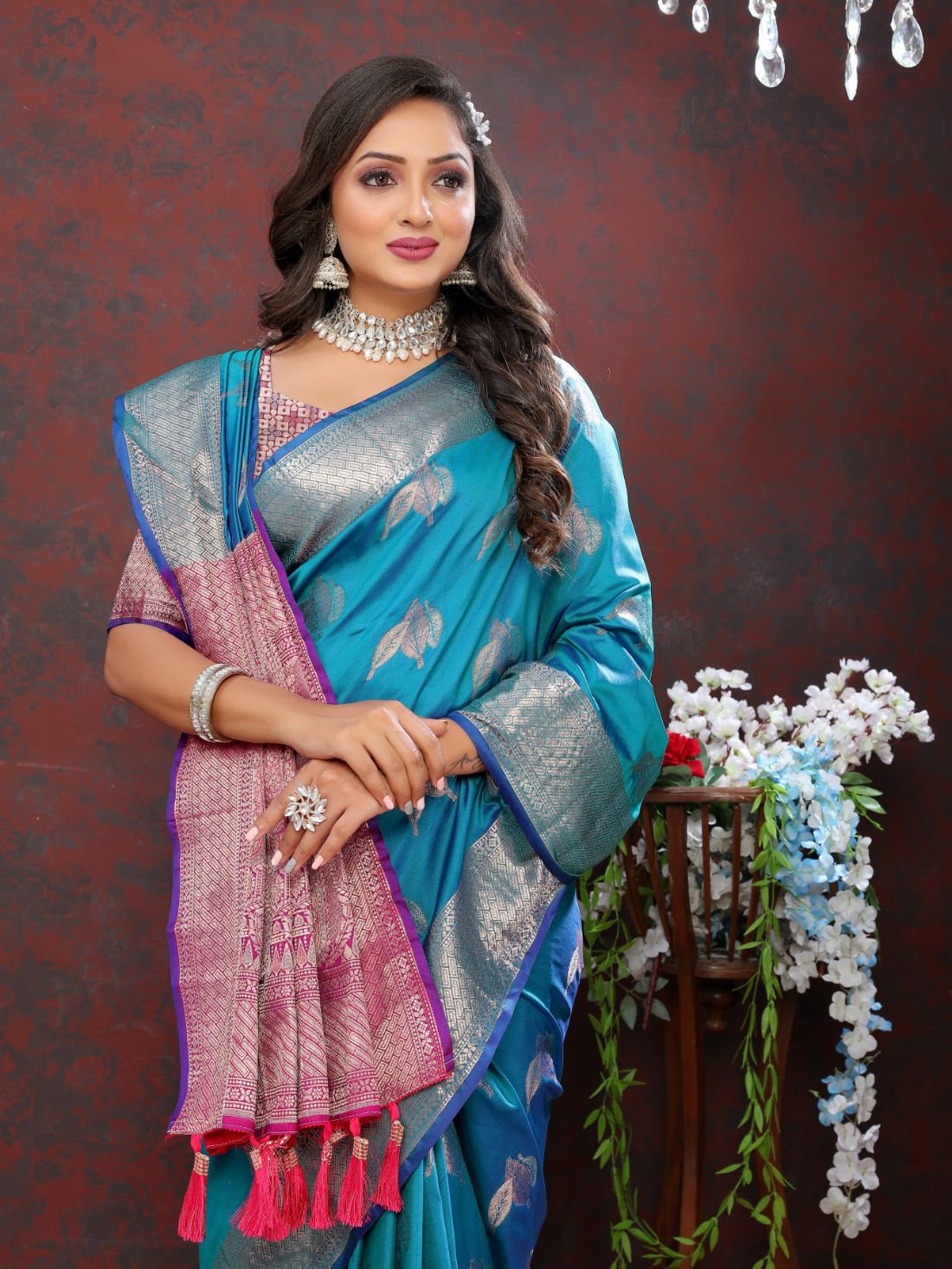 Light Blue Color Exclusive Soft Silk Zari Woven Work With Rich Pallu and Contrast Border With Tessels Women's Saree with Unstiched Blouse Pieces.