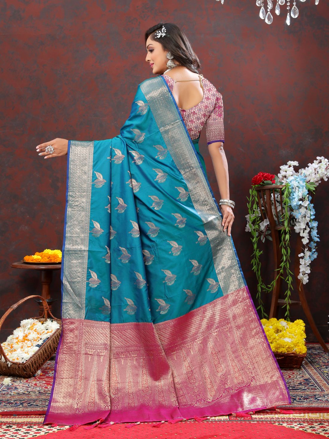 Light Blue Color Exclusive Soft Silk Zari Woven Work With Rich Pallu and Contrast Border With Tessels Women's Saree with Unstiched Blouse Pieces.