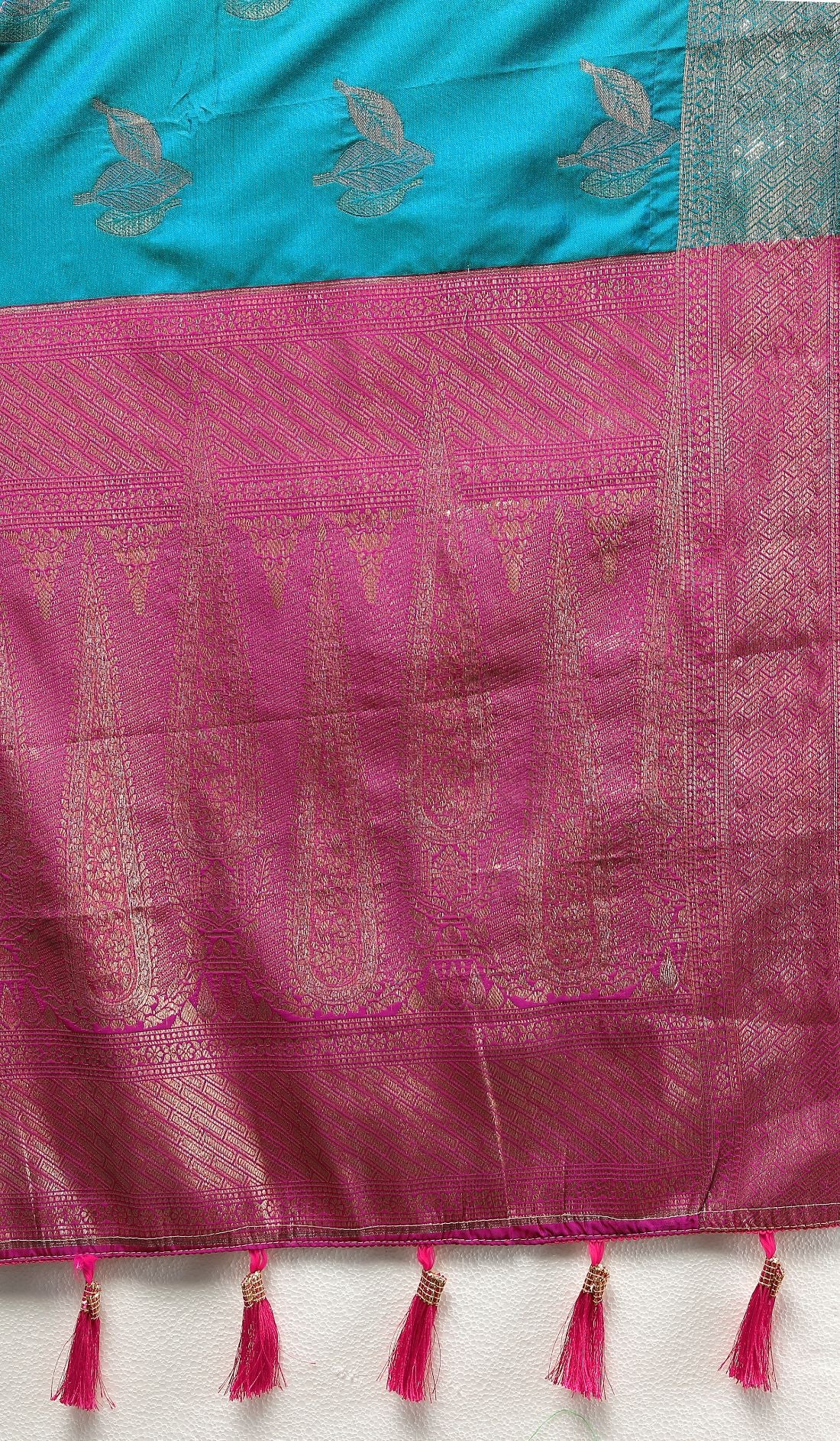 Light Blue Color Exclusive Soft Silk Zari Woven Work With Rich Pallu and Contrast Border With Tessels Women's Saree with Unstiched Blouse Pieces.