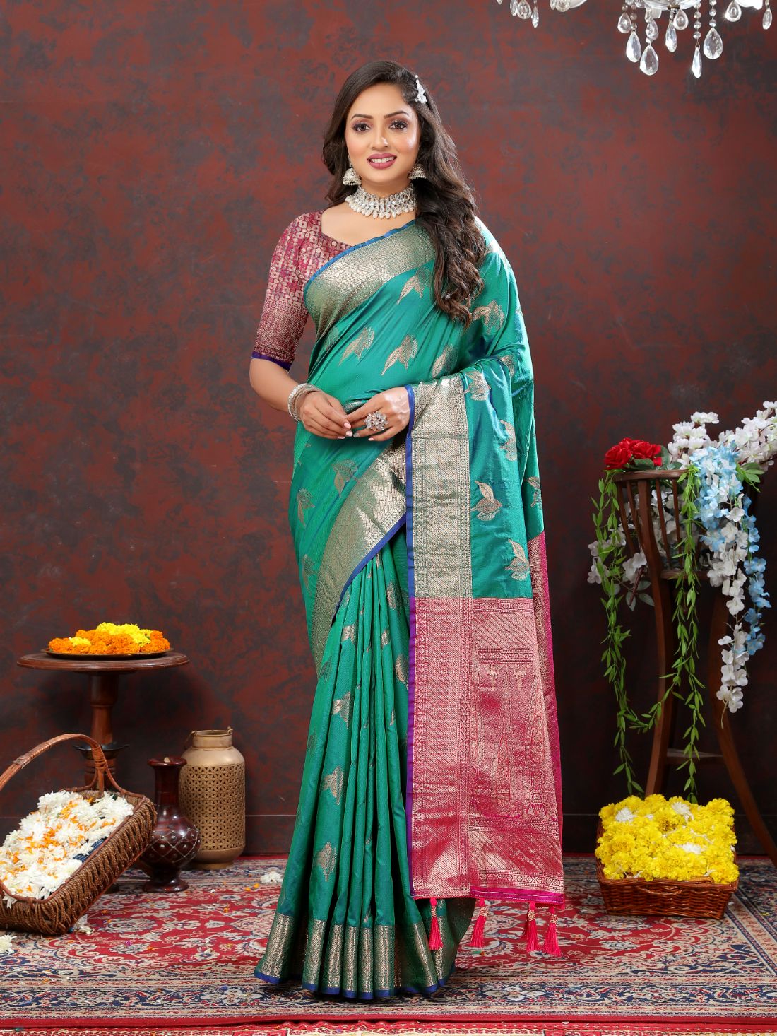 Aqua Blue Color Exclusive Soft Silk Zari Woven Work With Rich Pallu and Contrast Border With Tessels Women's Saree with Unstiched Blouse Pieces.