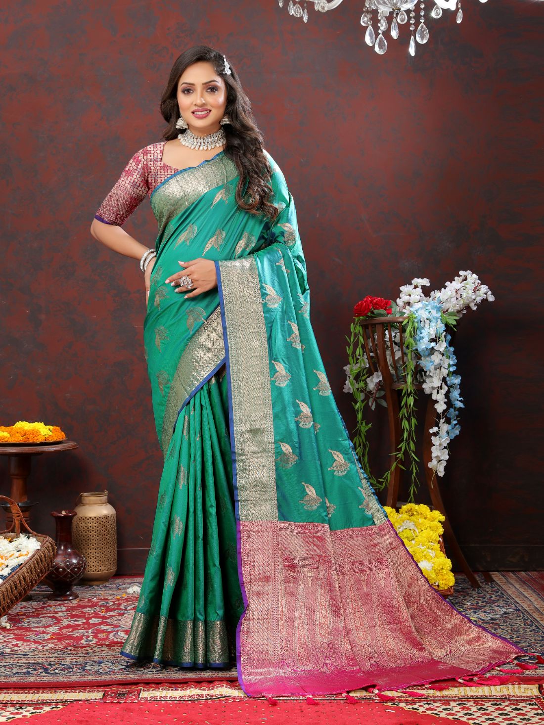 Aqua Blue Color Exclusive Soft Silk Zari Woven Work With Rich Pallu and Contrast Border With Tessels Women's Saree with Unstiched Blouse Pieces.