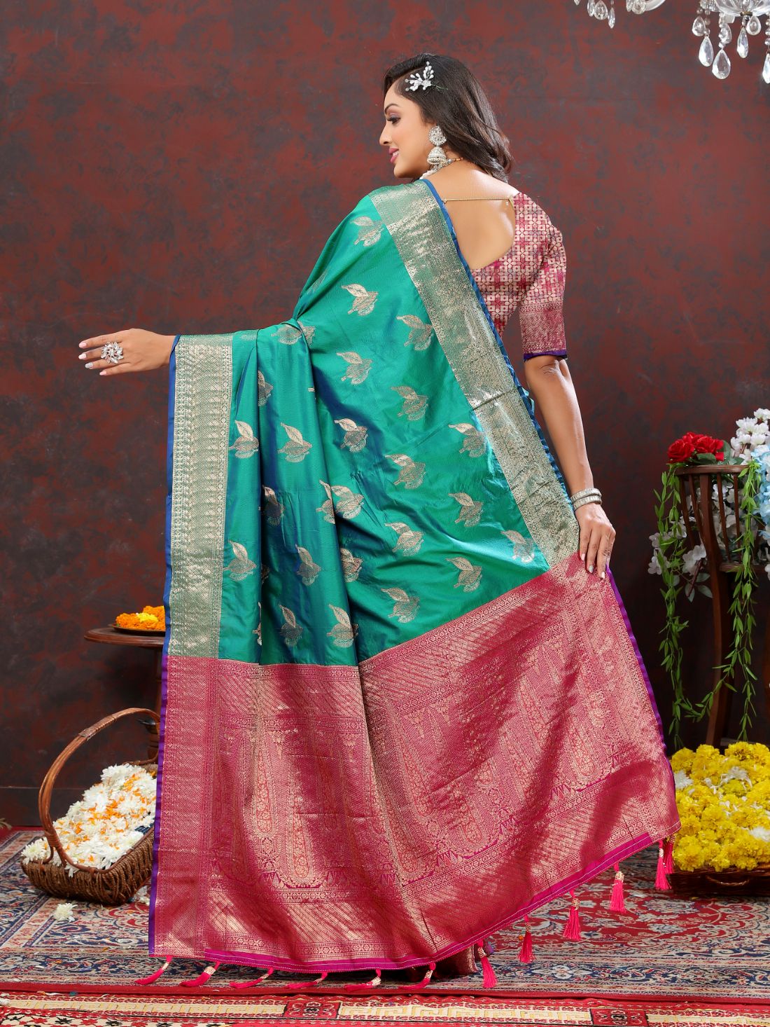 Aqua Blue Color Exclusive Soft Silk Zari Woven Work With Rich Pallu and Contrast Border With Tessels Women's Saree with Unstiched Blouse Pieces.