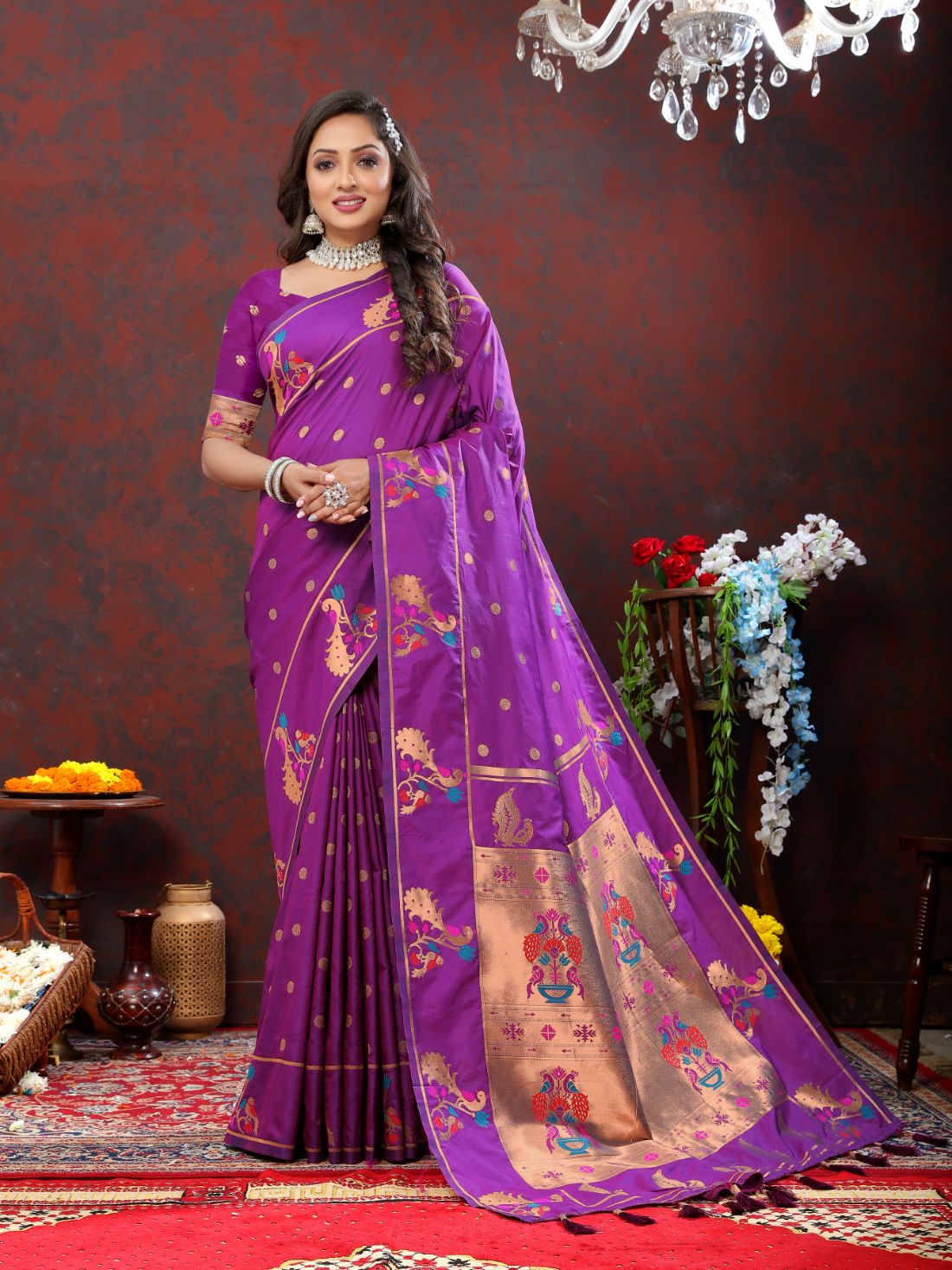 Light Purple Color Zari Woven Soft Paithani Silk Sarees With Rich Weaving Pallu with tassels.
