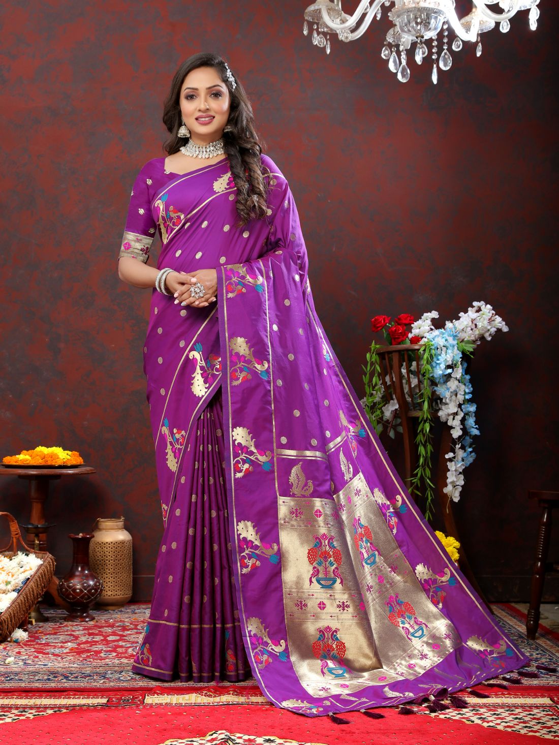 Purple Color Golden Zari Woven Soft Paithani Silk Sarees With Rich Weaving Pallu with tassels.
