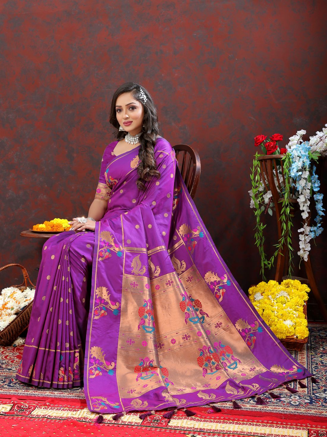 Light Purple Color Zari Woven Soft Paithani Silk Sarees With Rich Weaving Pallu with tassels.
