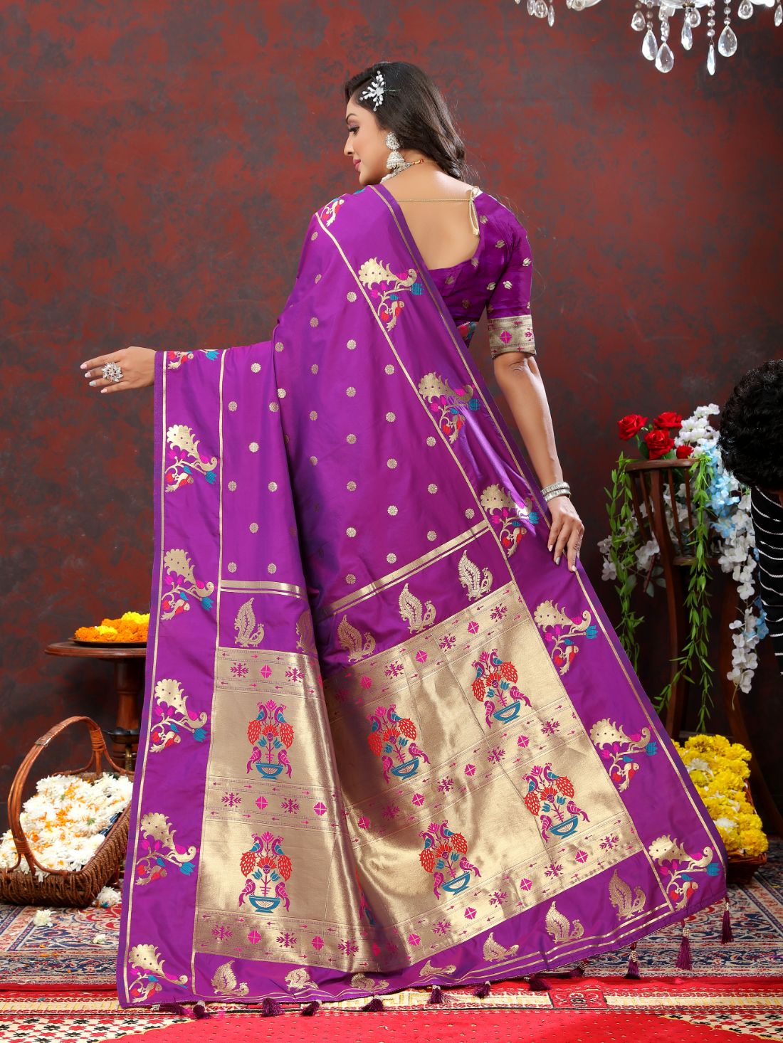 Purple Color Golden Zari Woven Soft Paithani Silk Sarees With Rich Weaving Pallu with tassels.