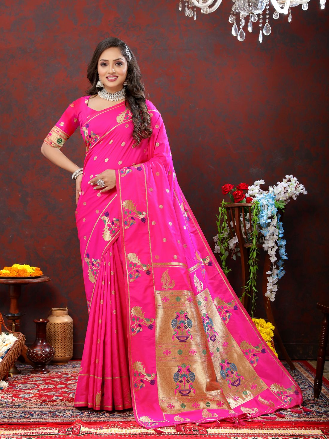 Dark Pink Color Golden Zari Woven Soft Paithani Silk Sarees With Rich Weaving Pallu with tassels.