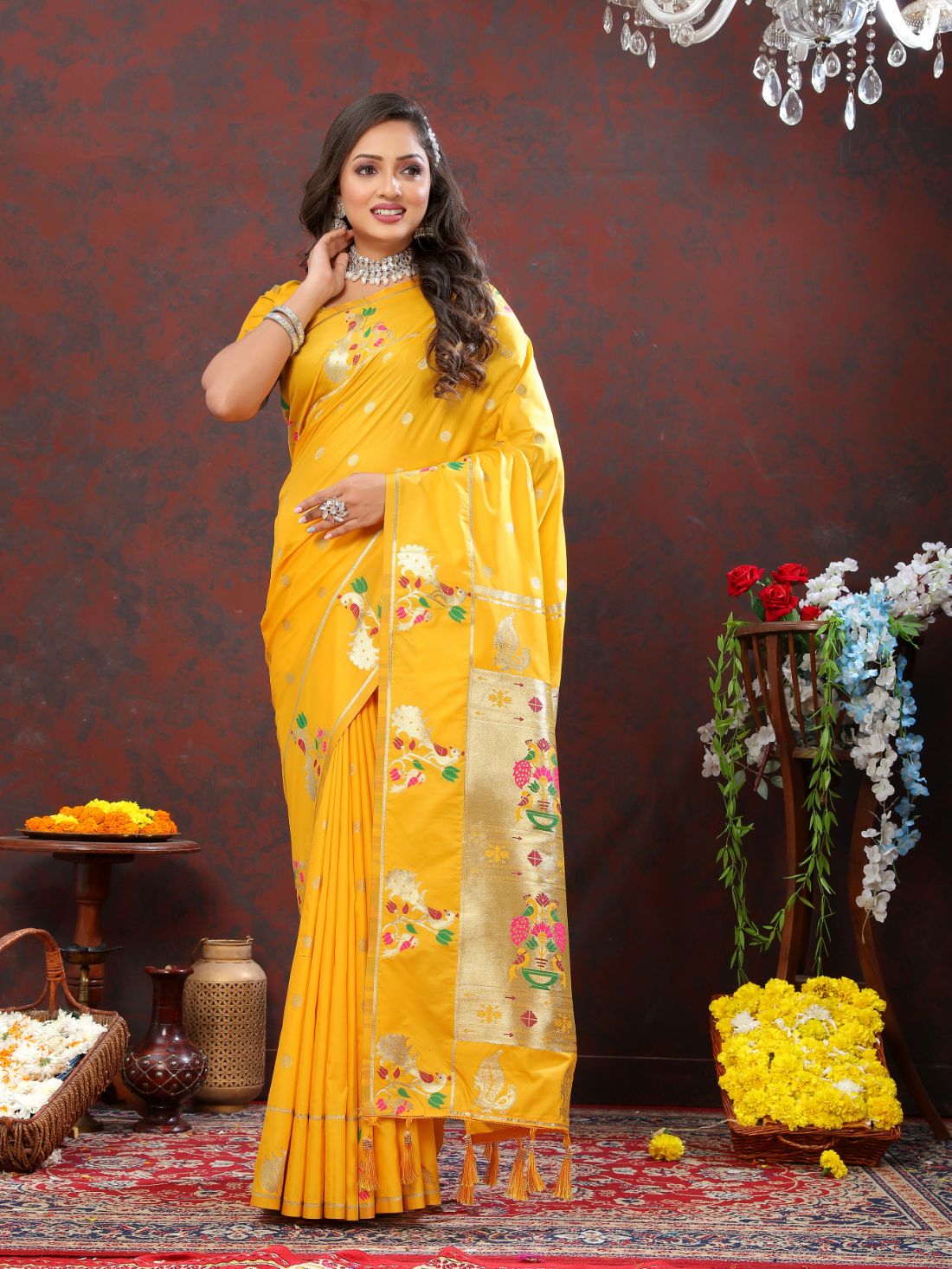 Mustured Color Golden Zari Woven Soft Paithani Silk Sarees With Rich Weaving Pallu with tassels.