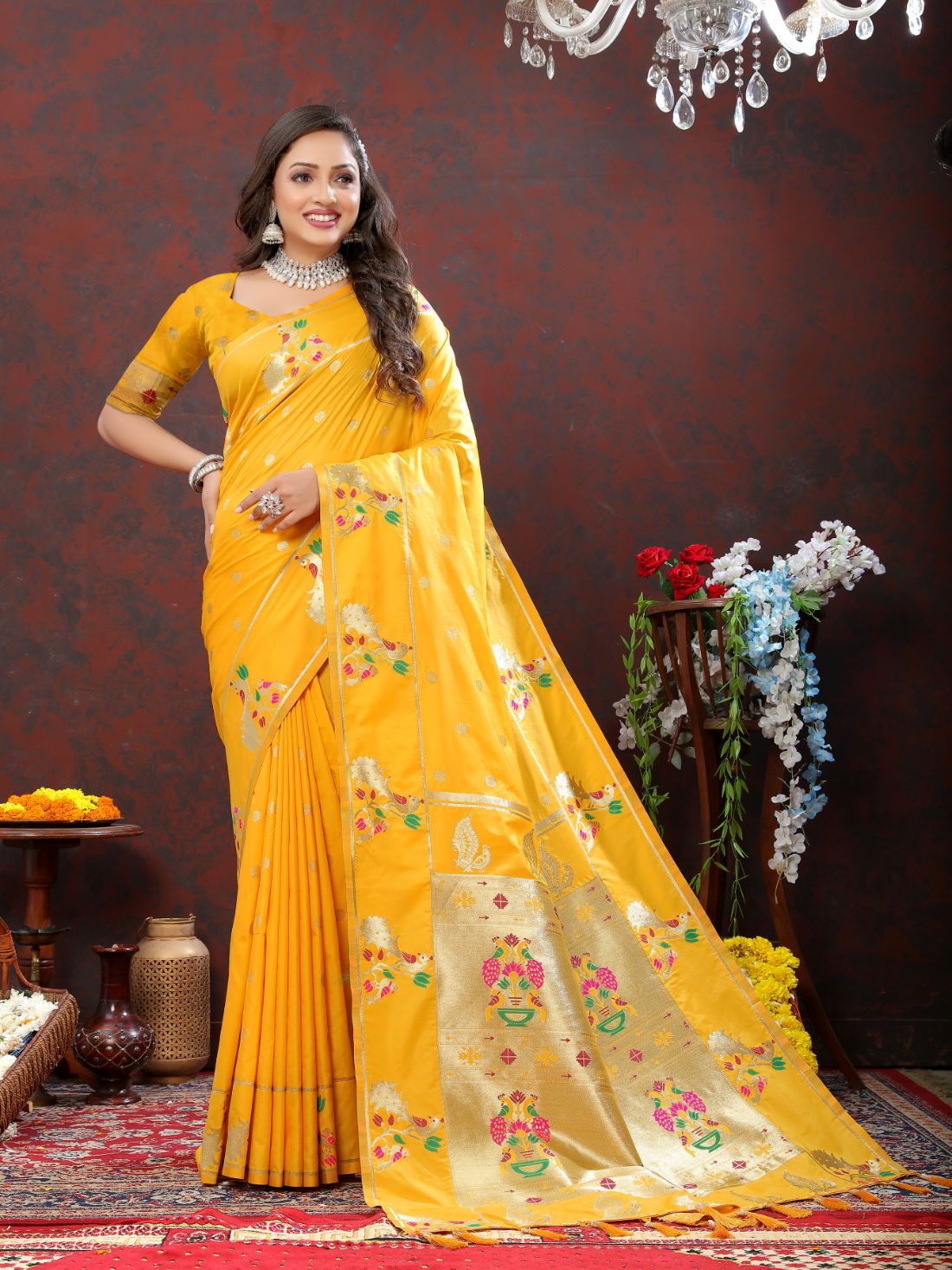 Mustured Color Golden Zari Woven Soft Paithani Silk Sarees With Rich Weaving Pallu with tassels.