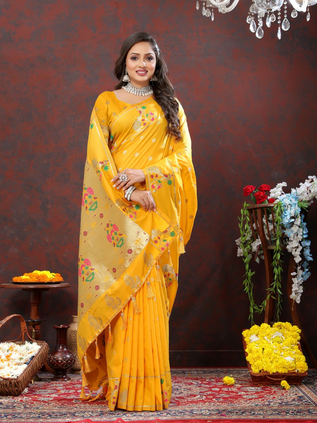 Mustured Color Golden Zari Woven Soft Paithani Silk Sarees With Rich Weaving Pallu with tassels.