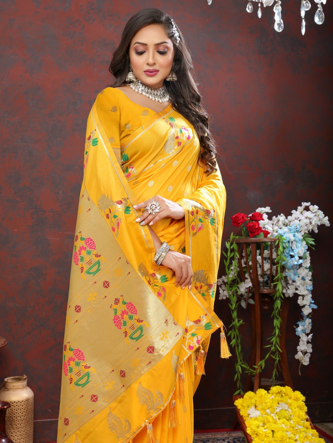 Mustured Color Golden Zari Woven Soft Paithani Silk Sarees With Rich Weaving Pallu with tassels.