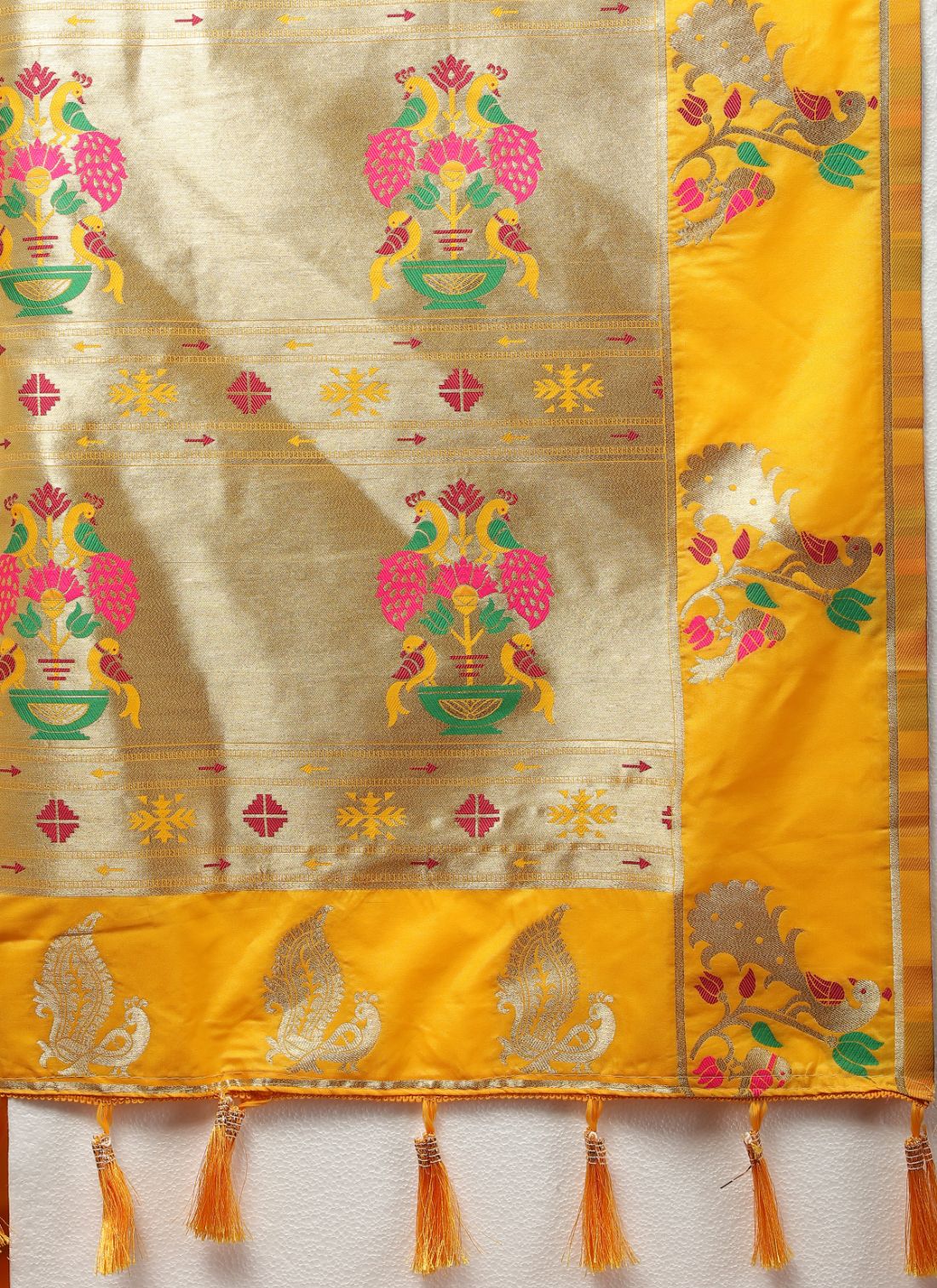 Mustured Color Golden Zari Woven Soft Paithani Silk Sarees With Rich Weaving Pallu with tassels.