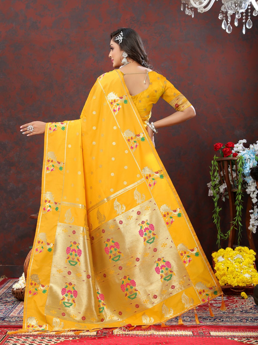 Mustured Color Golden Zari Woven Soft Paithani Silk Sarees With Rich Weaving Pallu with tassels.