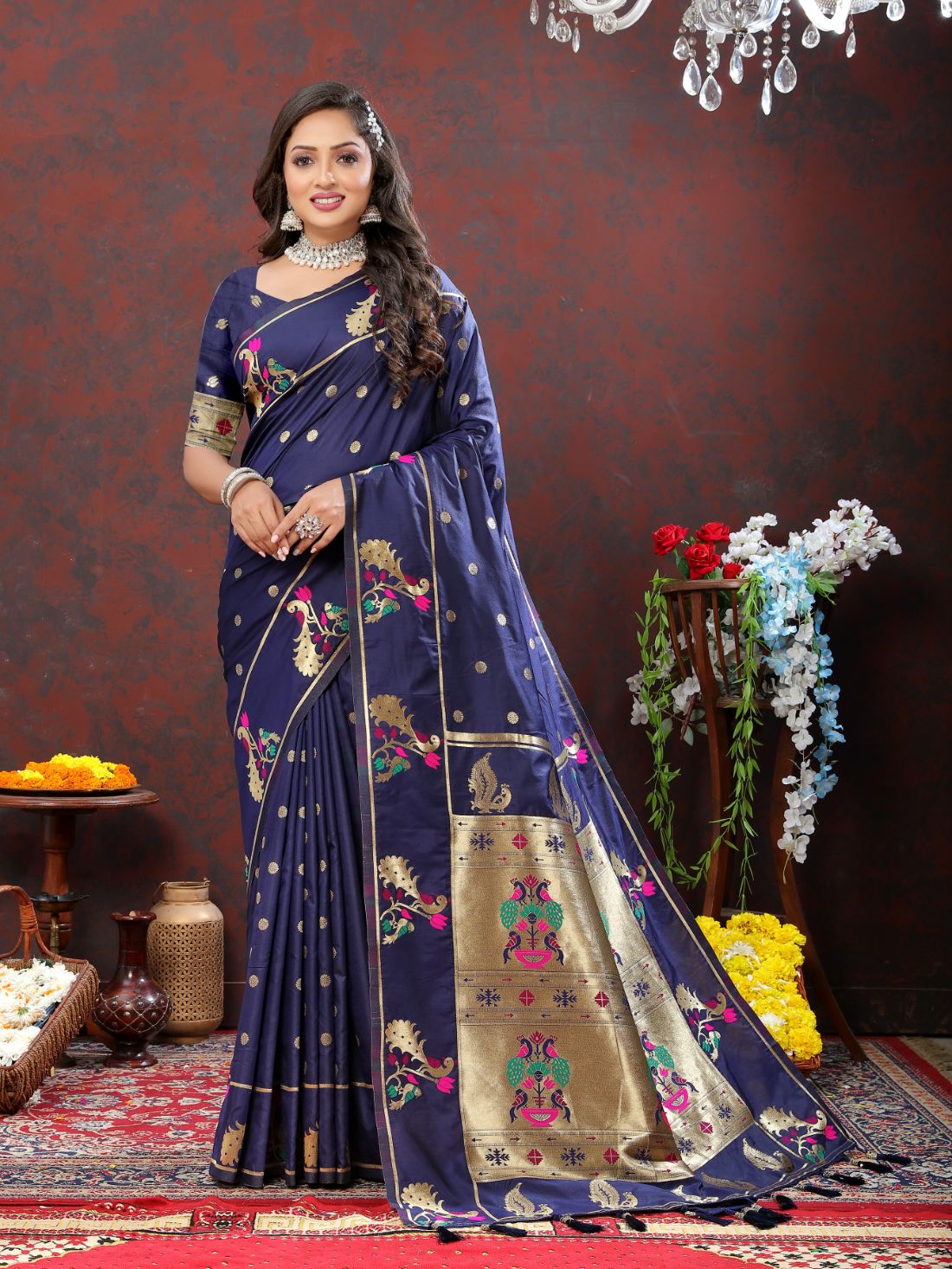 Nevy Blue Color Golden Zari Woven Soft Paithani Silk Sarees With Rich Weaving Pallu with tassels.