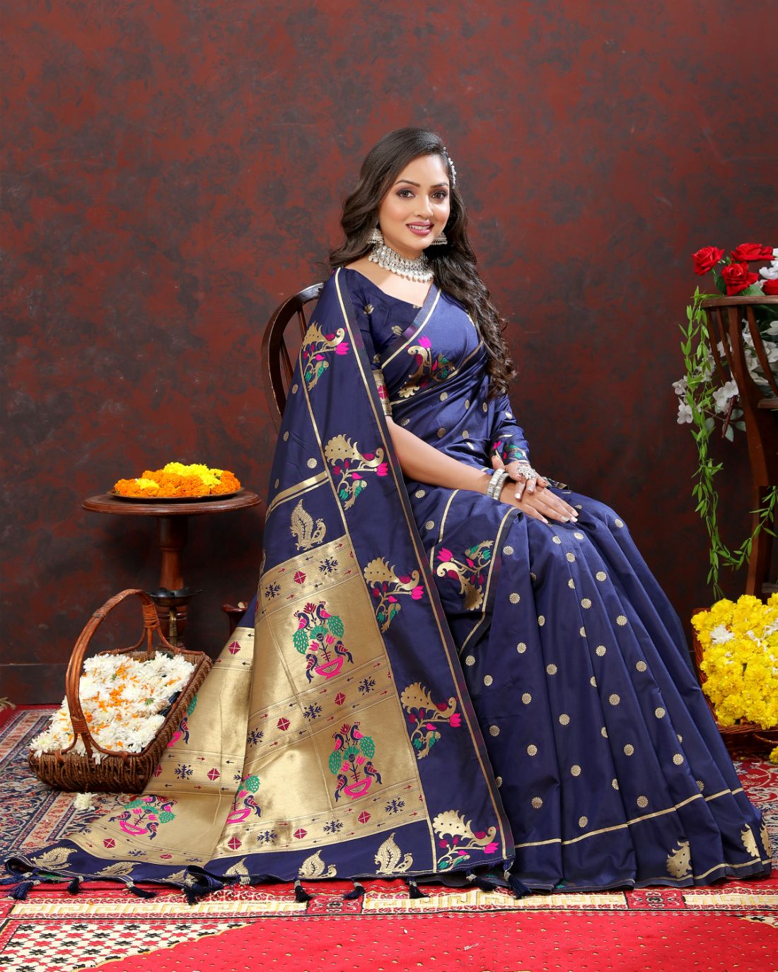 Nevy Blue Color Golden Zari Woven Soft Paithani Silk Sarees With Rich Weaving Pallu with tassels.