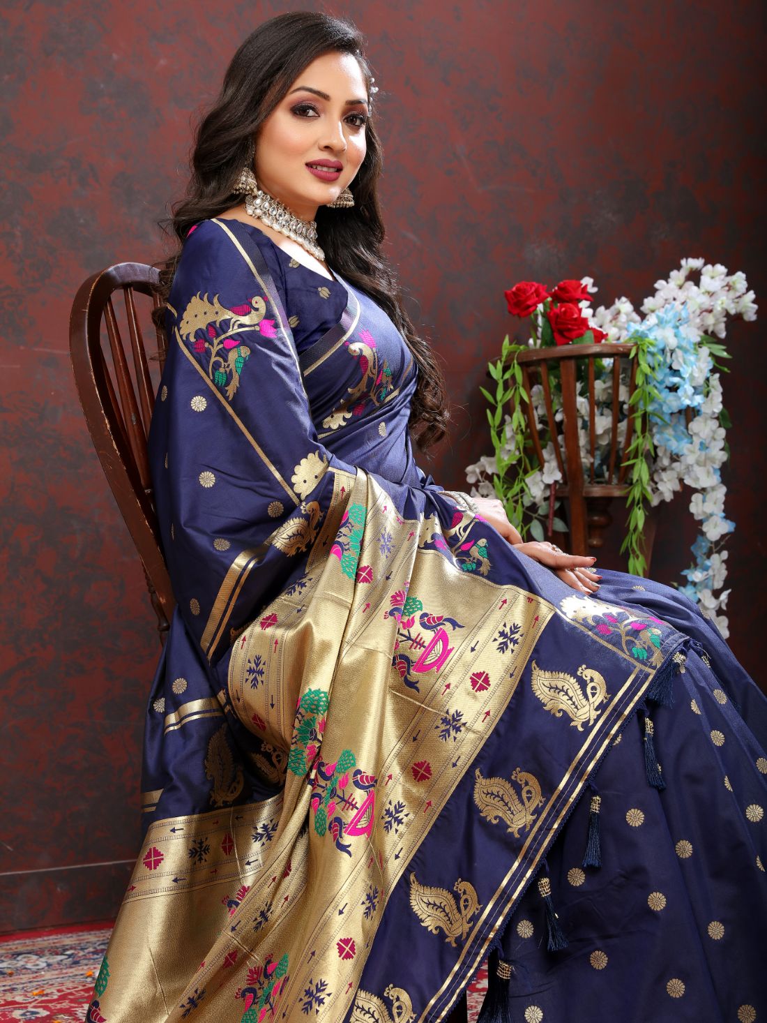Nevy Blue Color Golden Zari Woven Soft Paithani Silk Sarees With Rich Weaving Pallu with tassels.