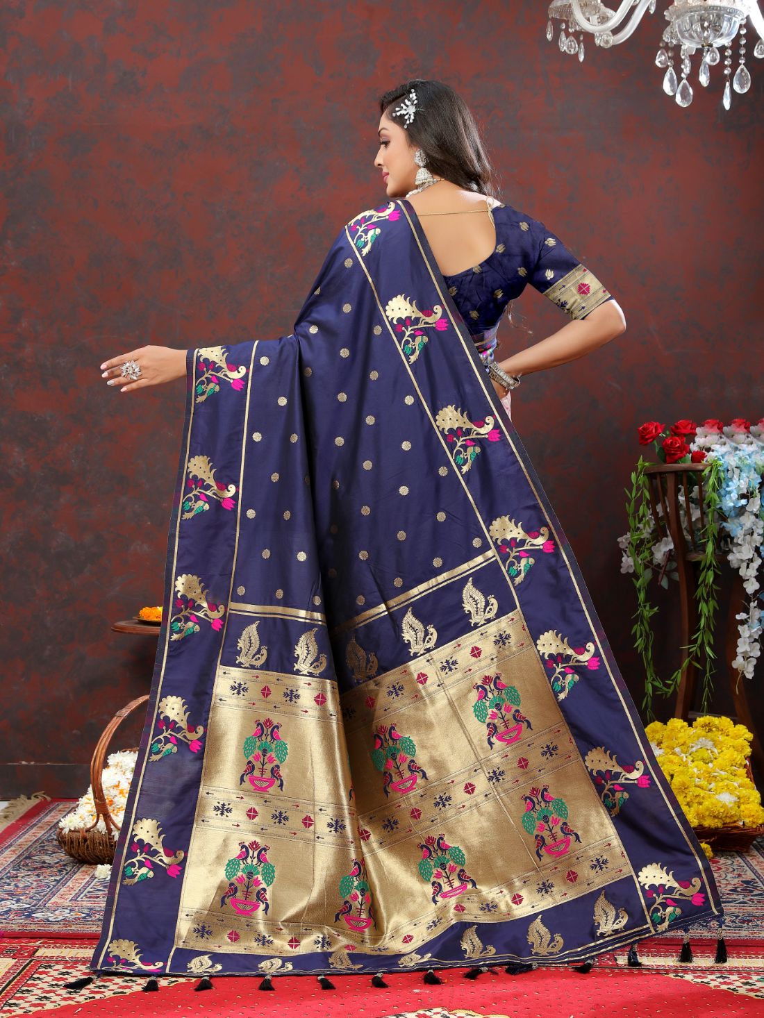 Nevy Blue Color Golden Zari Woven Soft Paithani Silk Sarees With Rich Weaving Pallu with tassels.