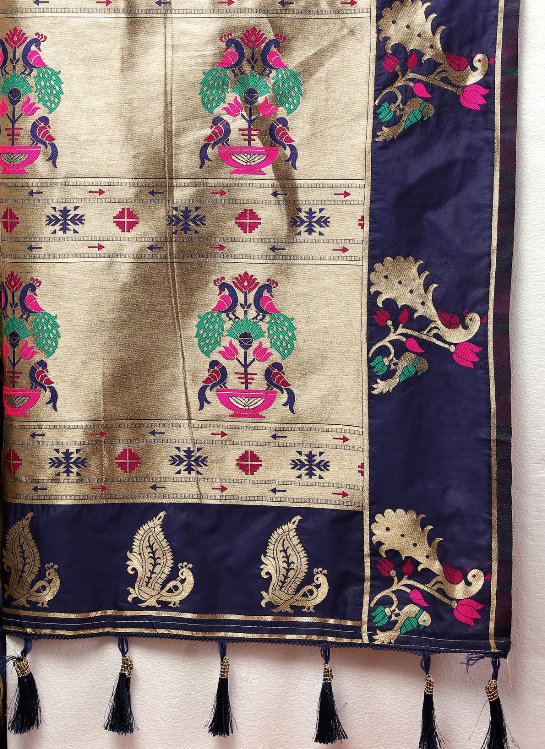 Nevy Blue Color Golden Zari Woven Soft Paithani Silk Sarees With Rich Weaving Pallu with tassels.
